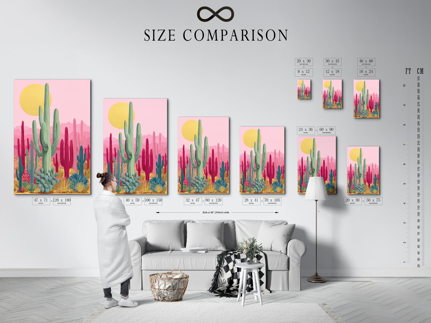 See a size comparison chart for Southwestern cactus artwork. The art features pink and teal botanical prints. Visualize the perfect fit for your space. Available in various sizes. Find the ideal desert wall art for your home.