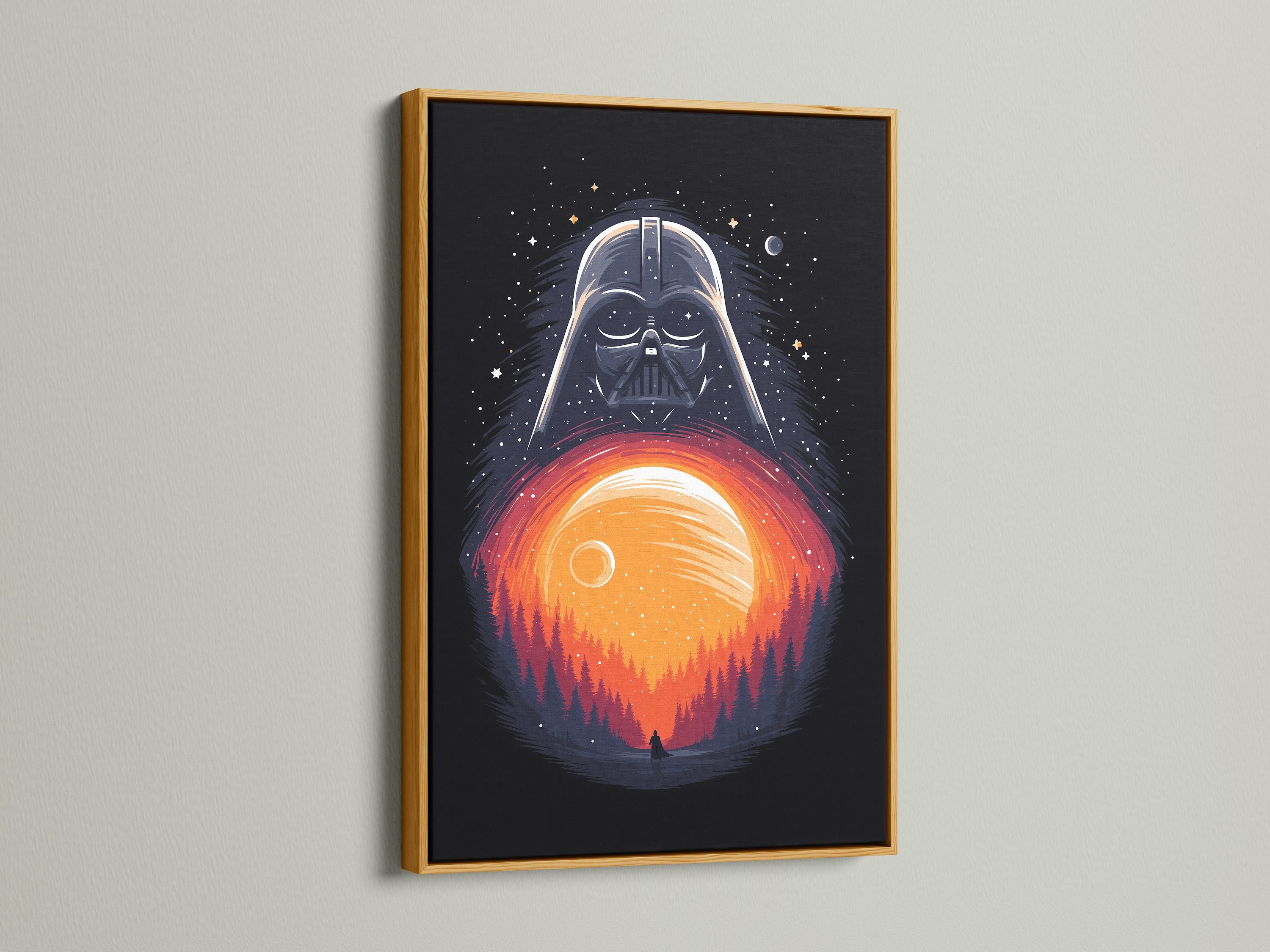 The image features Darth Vader art in a gold frame. The art is a great addition to your home. This Star Wars print adds elegance to your wall decor. The gold frame enhances the sci-fi movie poster art.