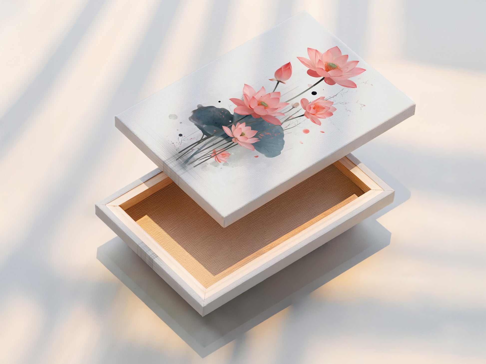 This stretched canvas print showcases a beautiful lotus flower artwork. Ready to hang this floral canvas adds instant style to any room. Ideal for living room wall art or bedroom wall decor. The stretched canvas enhances the botanical print's vibrant colors. Elevate your modern decor with this flower artwork.