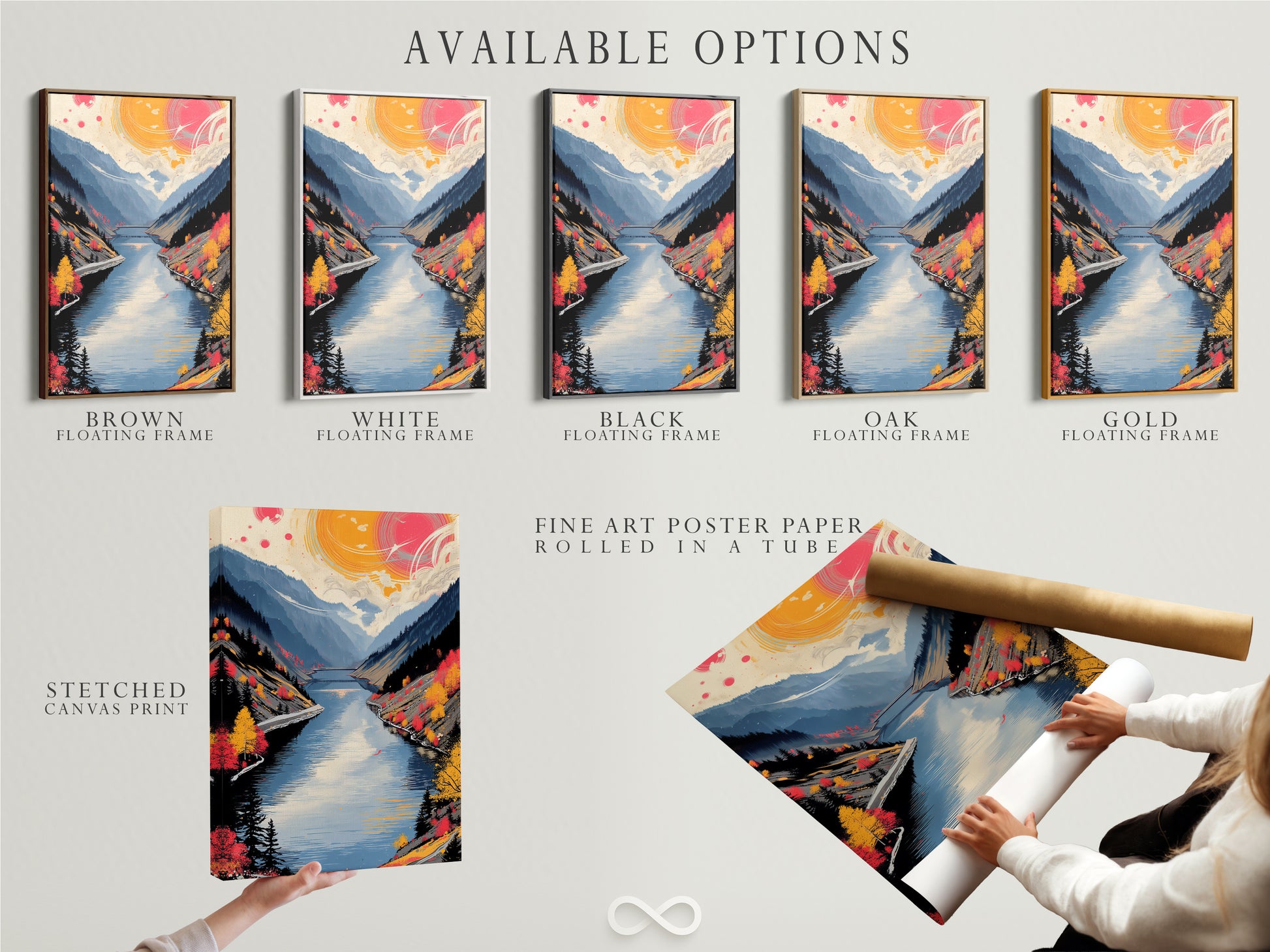 Available options include a stretched canvas print fine art poster paper and a floating frame. Choose the perfect format for your mountain lake art autumn landscape or nature photography. Elevate your space with modern wall art.