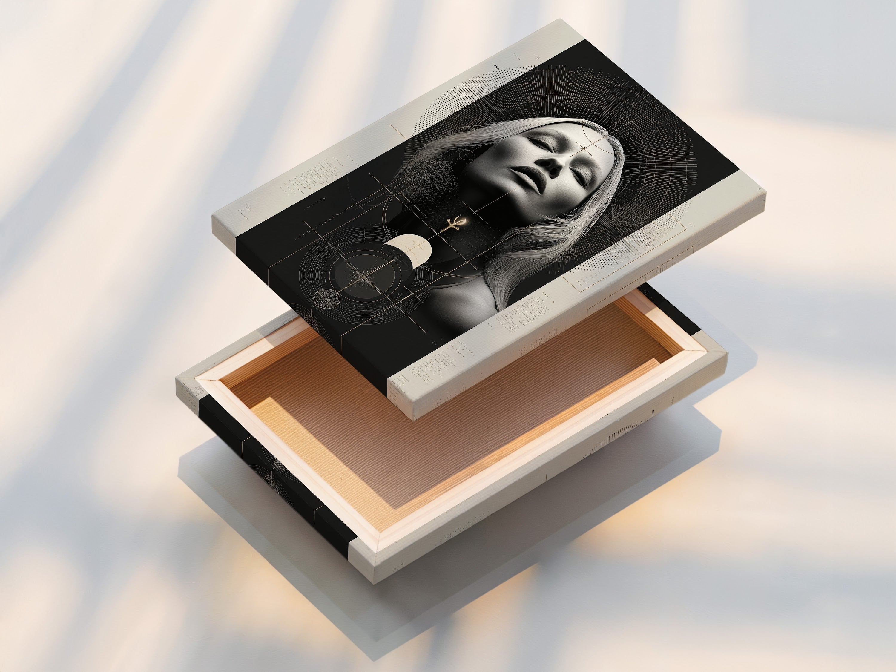 A stretched canvas print featuring sacred geometry and a Mystical Woman Portrait. This spiritual art piece is perfect for adding a boho touch to your living space. Enhance your home decor with this unique and modern artwork. Ideal for bedrooms and meditation spaces.