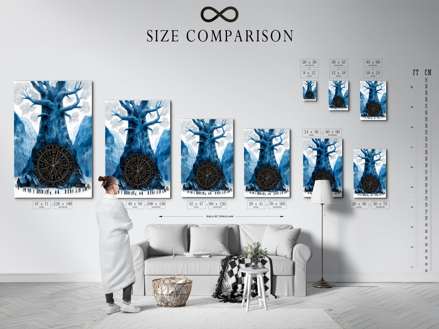 A size comparison chart is displayed in an interior setting featuring the Yggdrasil Canvas Print. This Norse Mythology Wall Art is available in various sizes to fit your space. Find the perfect size for your living room wall art study room decor or man cave art. Explore the options and bring home this stunning Viking Tree of Life poster.
