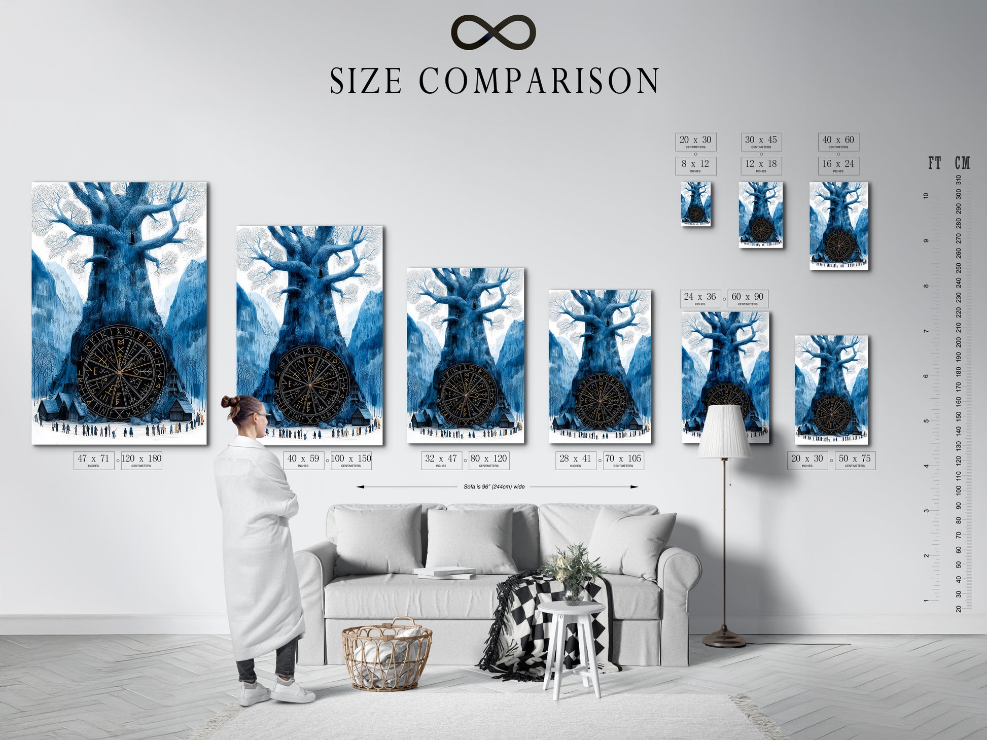 A size comparison chart is displayed in an interior setting featuring the Yggdrasil Canvas Print. This Norse Mythology Wall Art is available in various sizes to fit your space. Find the perfect size for your living room wall art study room decor or man cave art. Explore the options and bring home this stunning Viking Tree of Life poster.
