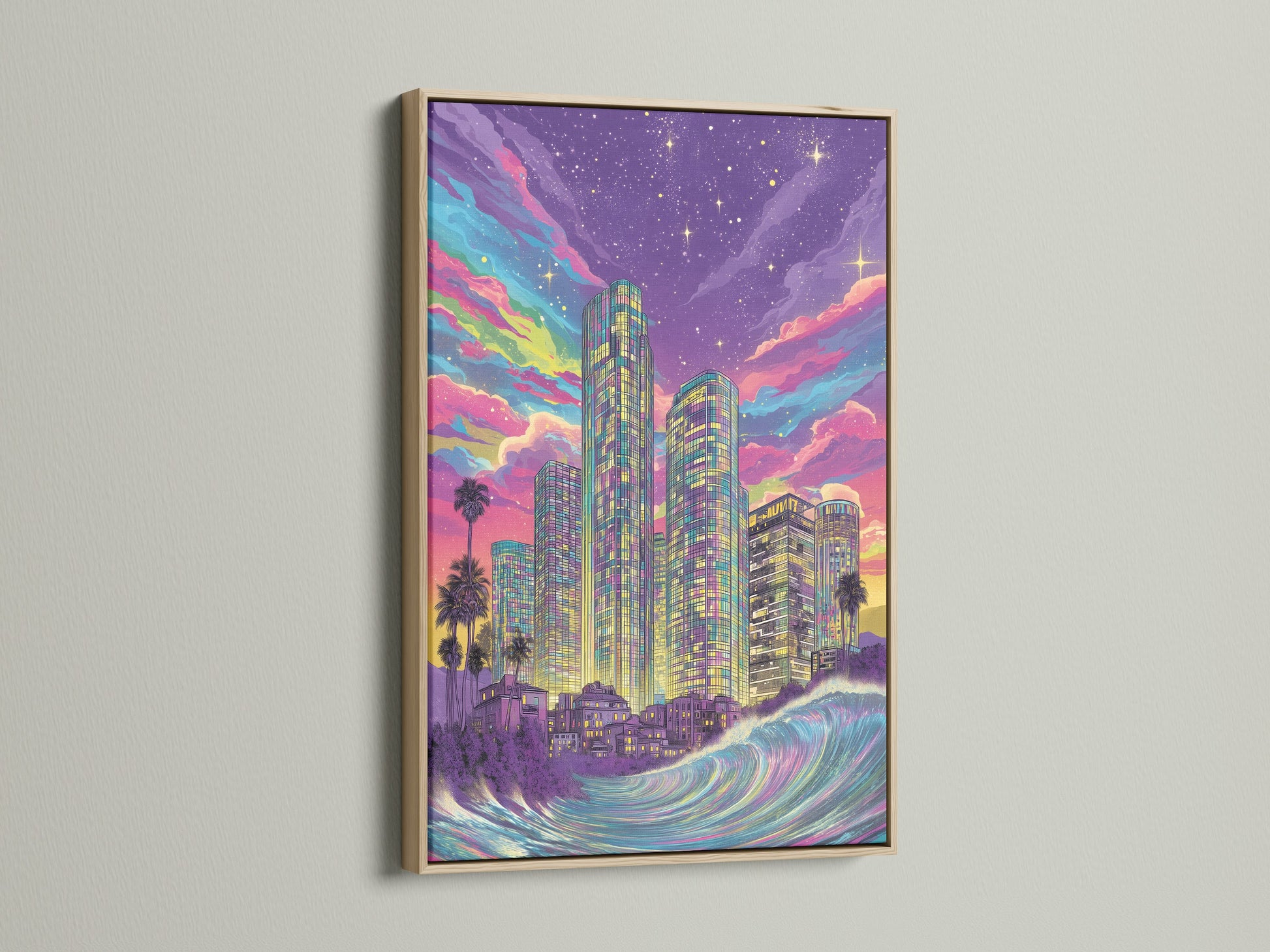 This oak frame enhances a synthwave cityscape canvas print. The neon purple skyline adds a retro touch. Perfect wall art for modern spaces. Elevate your office decor with this unique piece. Ocean wave art included.