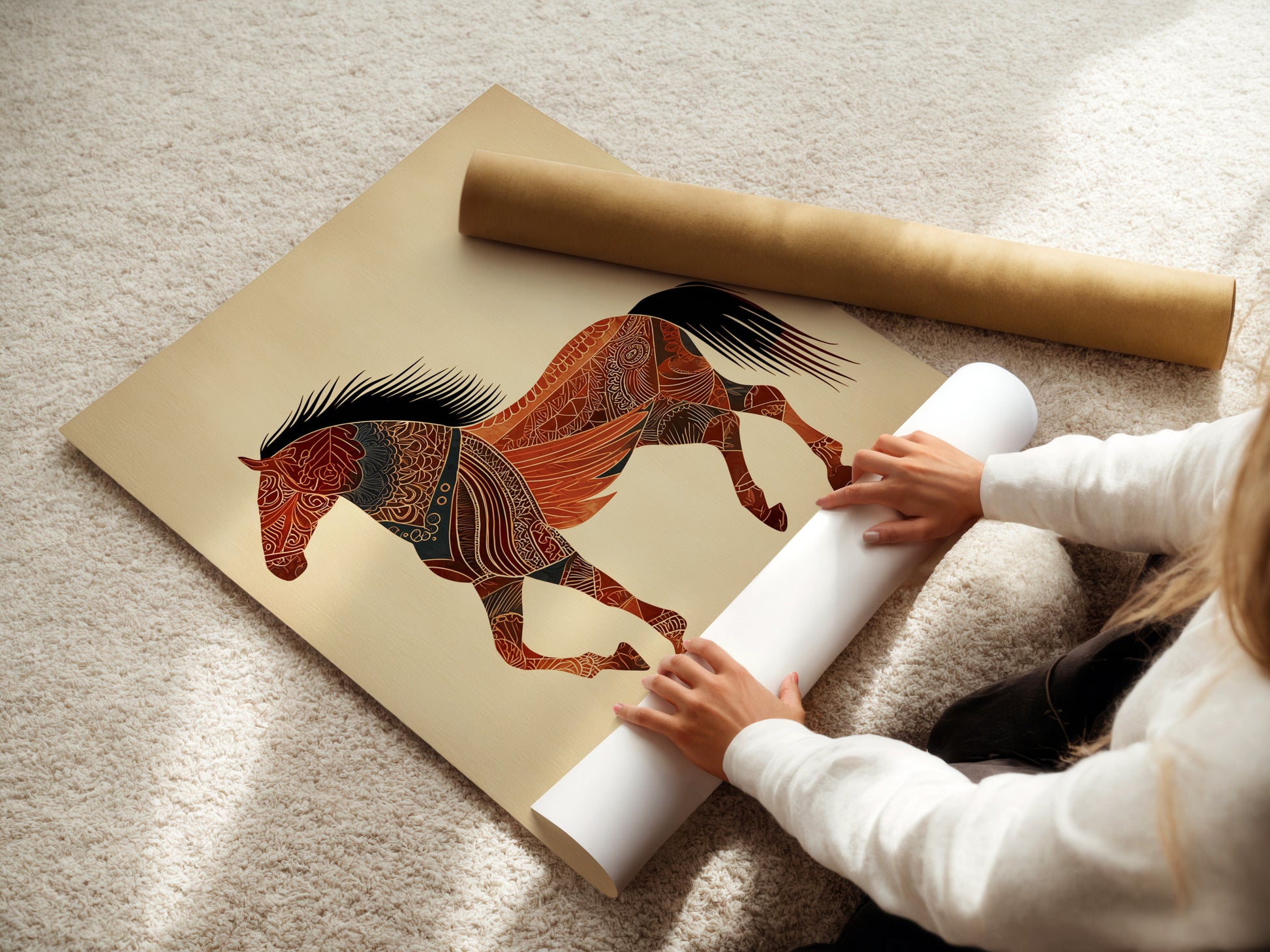 A woman is carefully rolling fine art poster paper. She ensures the paper remains pristine. This preserves the quality of the artwork. Professional handling guarantees a flawless product. Explore our fine art poster options.