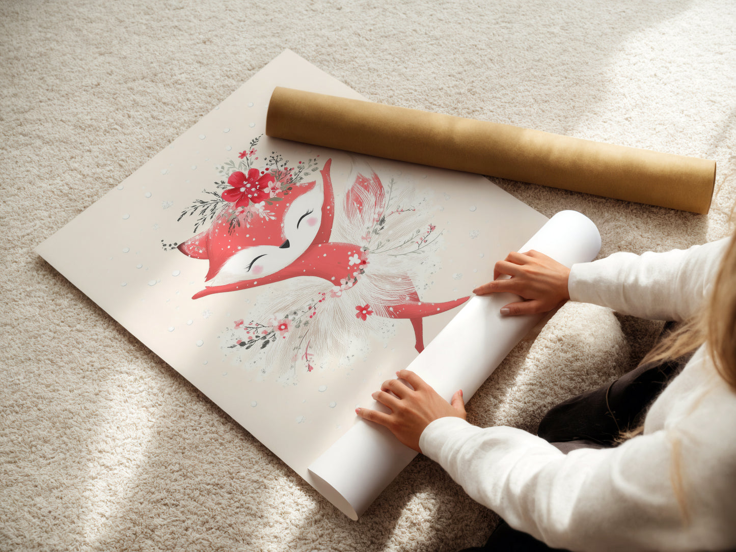 A woman carefully rolls a fine art poster paper featuring the fox ballerina artwork. This image highlights the care taken in preserving this cute animal art. The poster is perfect for creating delightful nursery prints and adding a touch of whimsy to any kids wall art collection.