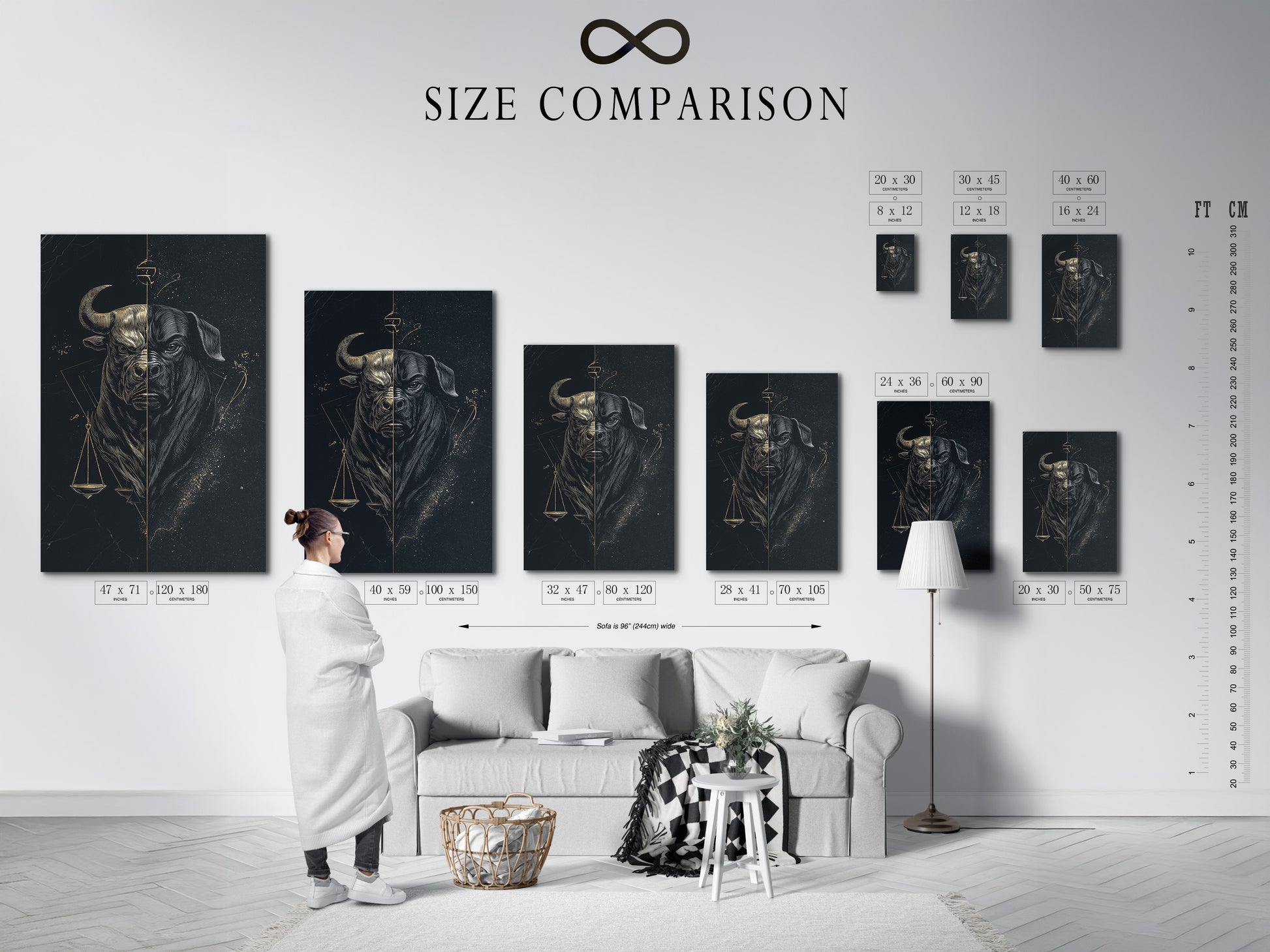 This size comparison chart helps you visualize the Bull Justice artwork in different dimensions. See how the scales of justice canvas print fits into various interior spaces. Find the perfect size for your law firm or home office.