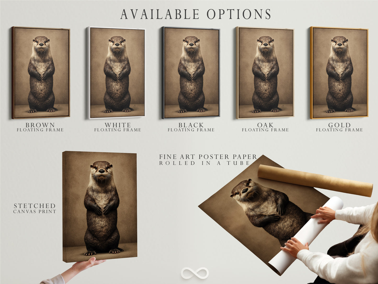 Available options include a stretched canvas print. Also available are fine art poster paper and a floating frame. All featuring the otter art print. The animal art print is a cute wildlife canvas. It is perfect for nursery wall decor. The otter artwork is a great gift for animal enthusiasts
