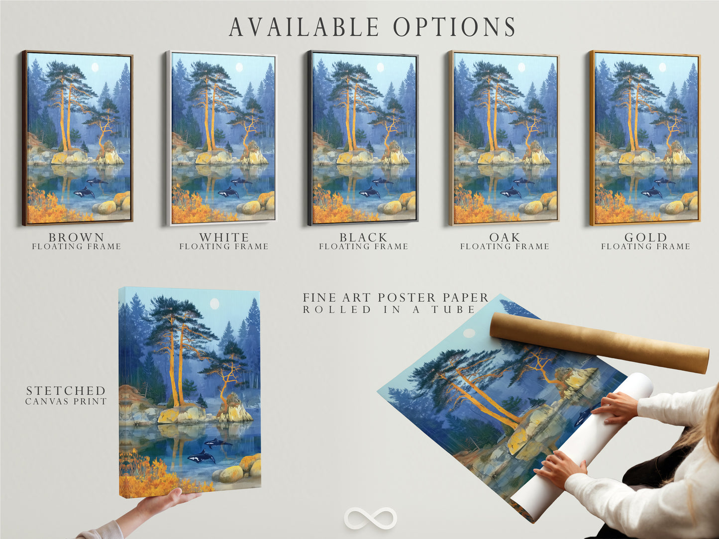 Available options for the Orca Lake artwork: stretched canvas print fine art poster paper and floating frame. The artwork depicts orcas in a tranquil lake with pine trees. Choose the perfect option to match your personal style and decor preferences. Enhance your home with this artwork.