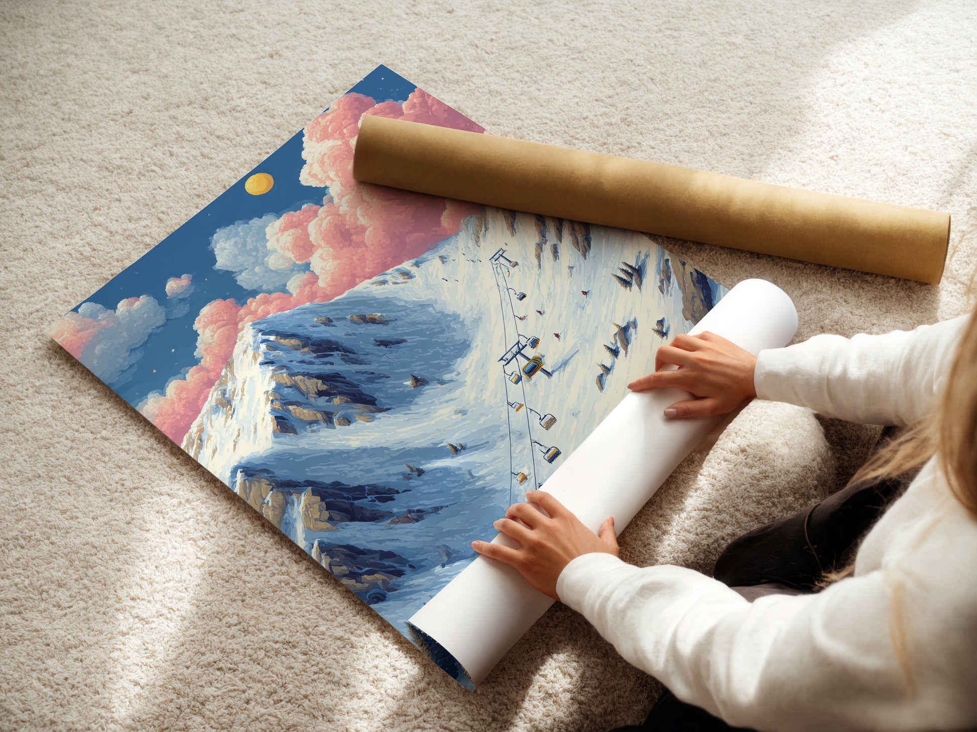 A woman is carefully rolling a fine art poster paper. Preparing a mountain ski print for shipment. Ensuring the winter canvas art arrives in perfect condition. Each ski slope poster is handled with care. Ready to become alpine wall art for your home.