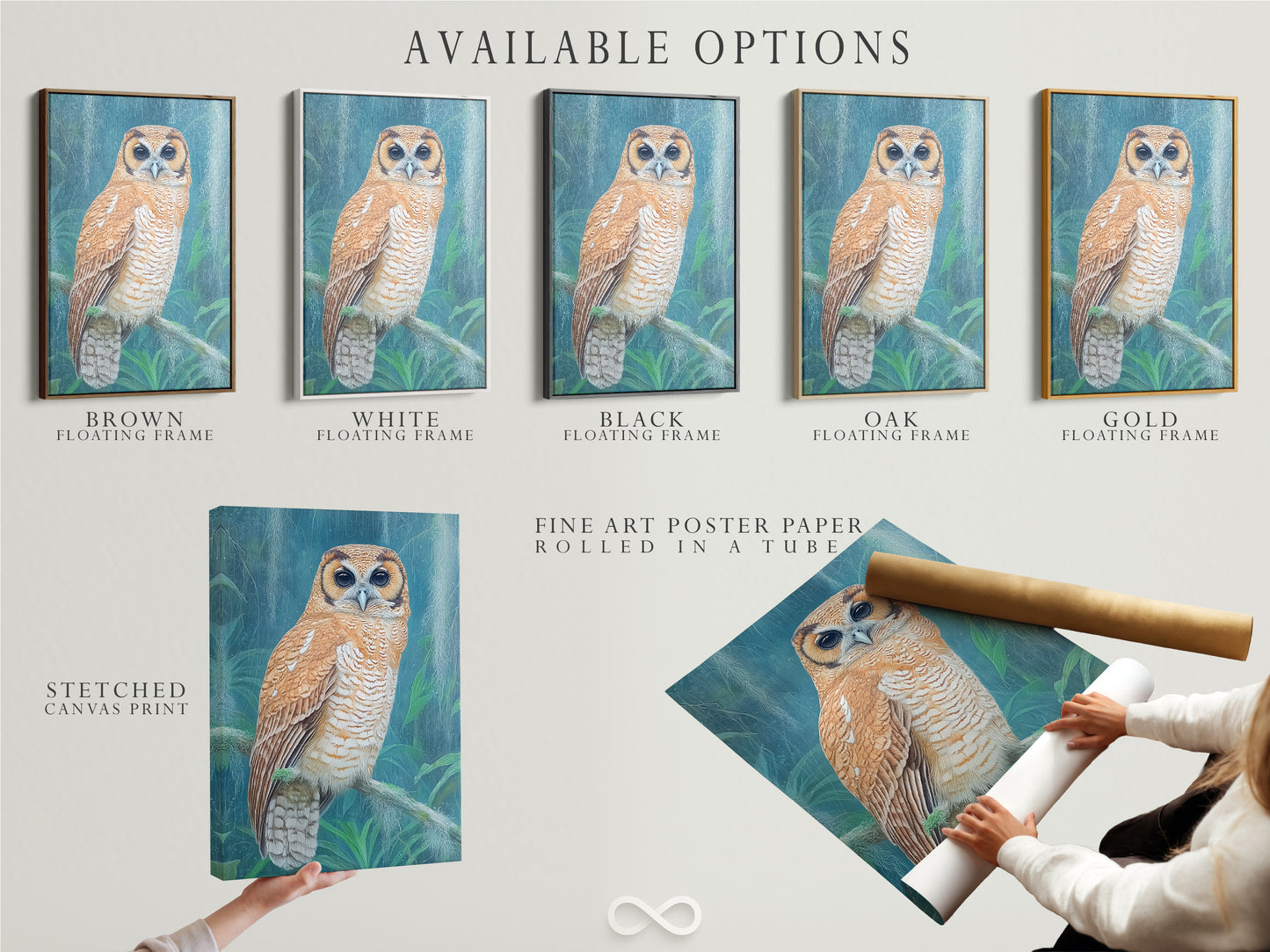 Explore the available options. Stretched canvas print fine art poster paper and floating frame. Each option enhances the owl artwork in its unique way. Choose the perfect style to match your personal taste and decor. Transform your space with stunning nature-inspired art.