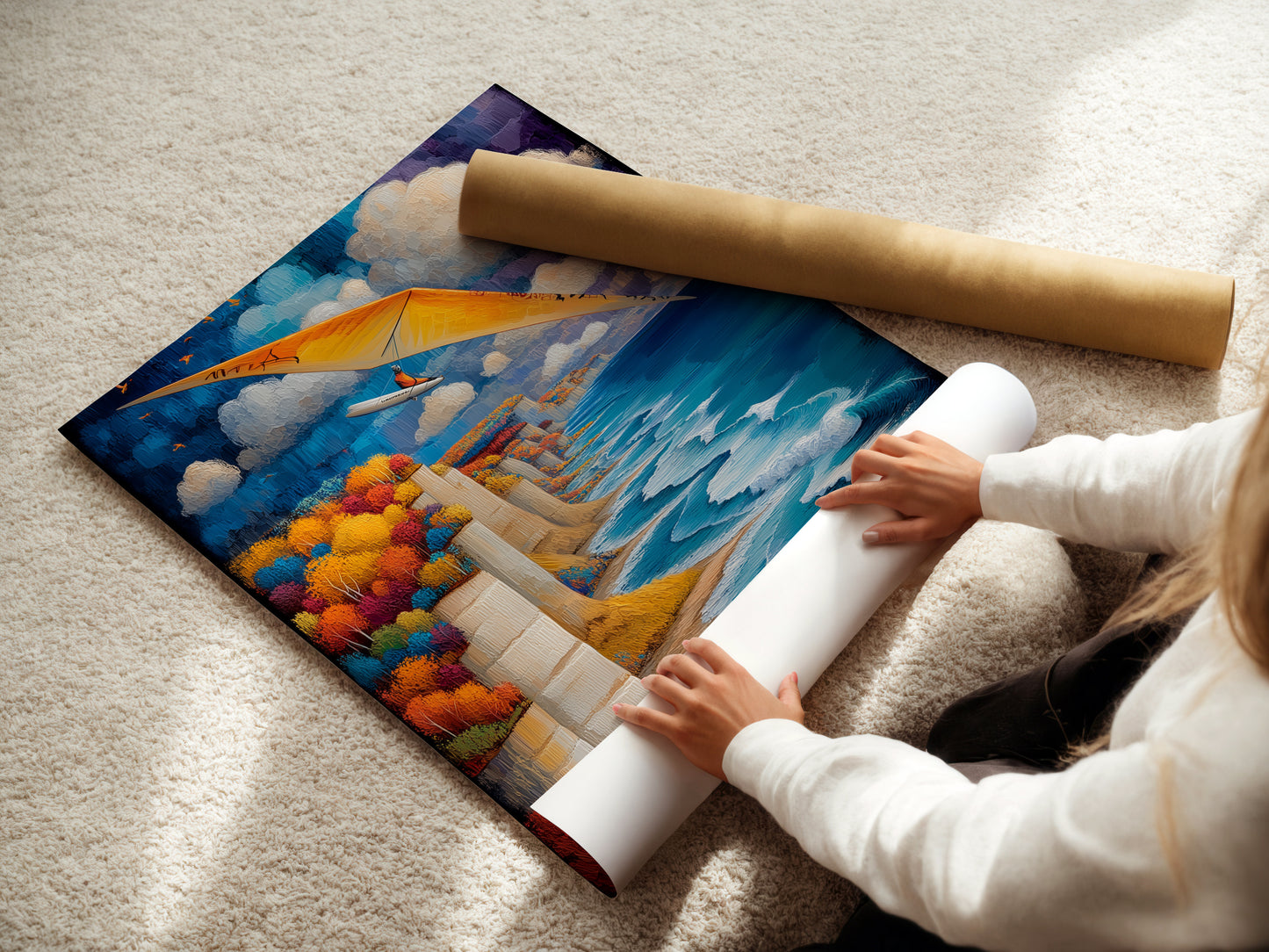 A woman rolling a fine art poster paper. This is an aviation artwork print. Perfect for coastal wall art. The print features a hang gliding scene. The artwork shows a blue ocean and cliffside scenery. Get your adventure print rolled and ready to frame. It is great for travel themed spaces.