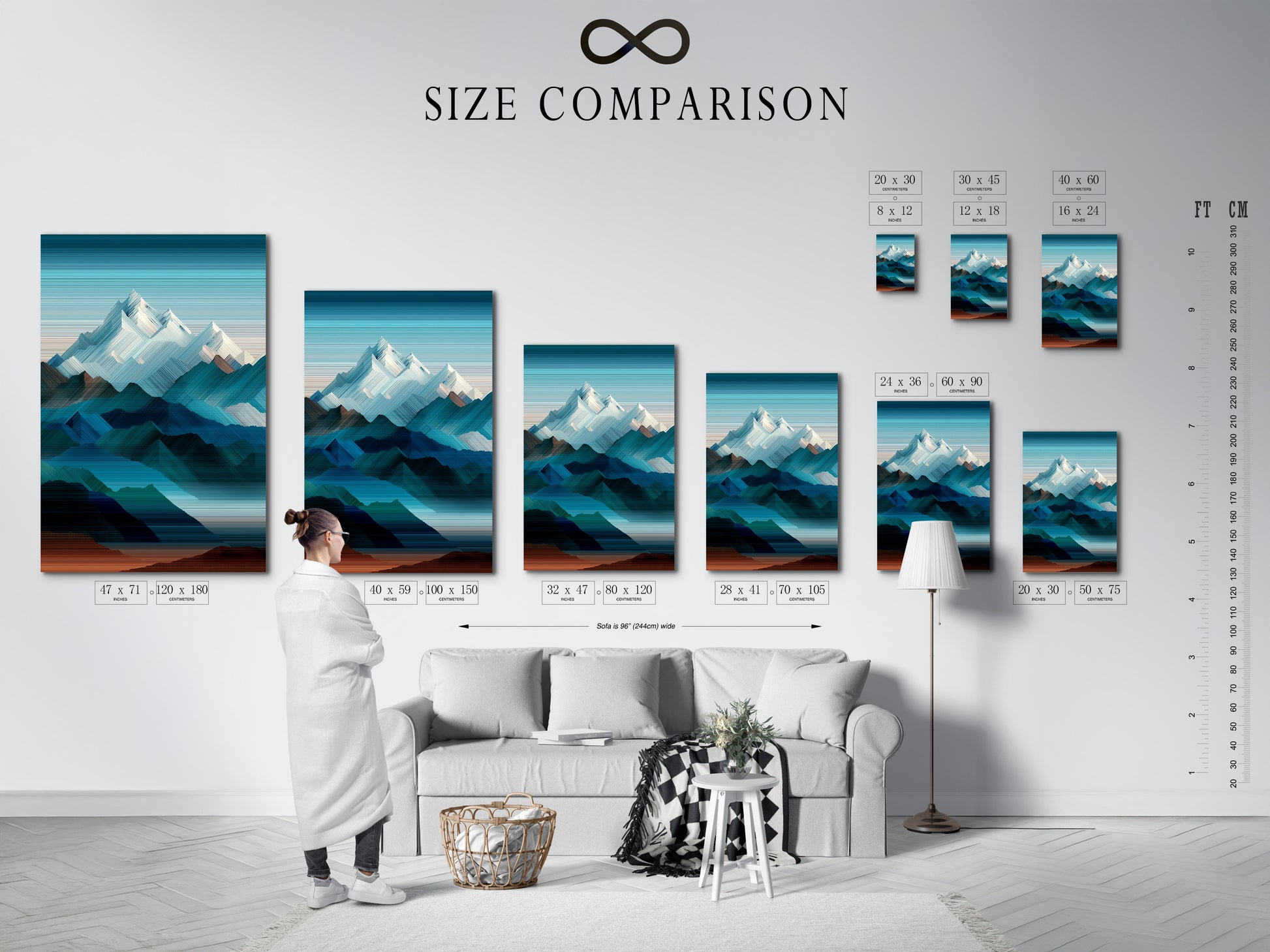 Size comparison chart in an interior setting. See how different sizes fit your space. Visualize artwork dimensions before you buy. Find the perfect size for your art. Explore our size guide now