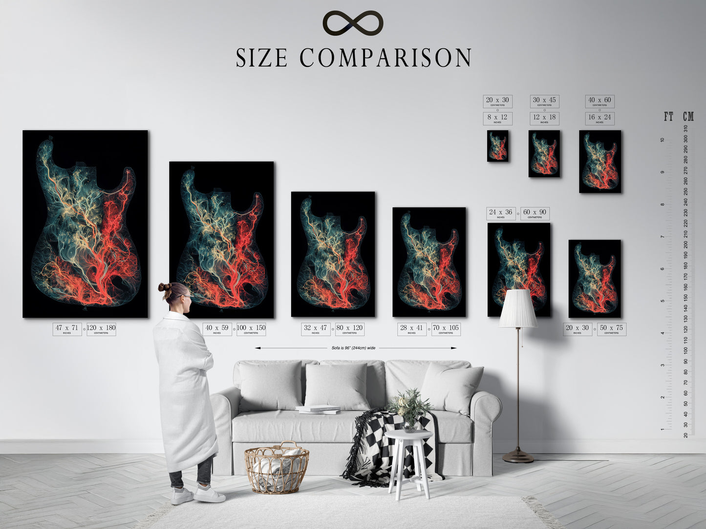 A size comparison chart displayed in an interior setting. The chart shows various sizes of artwork. This chart helps customers choose the perfect size for their space. The interior setting provides context for the artwork. The size comparison chart ensures a perfect fit. It simplifies the art selection process for customers.
