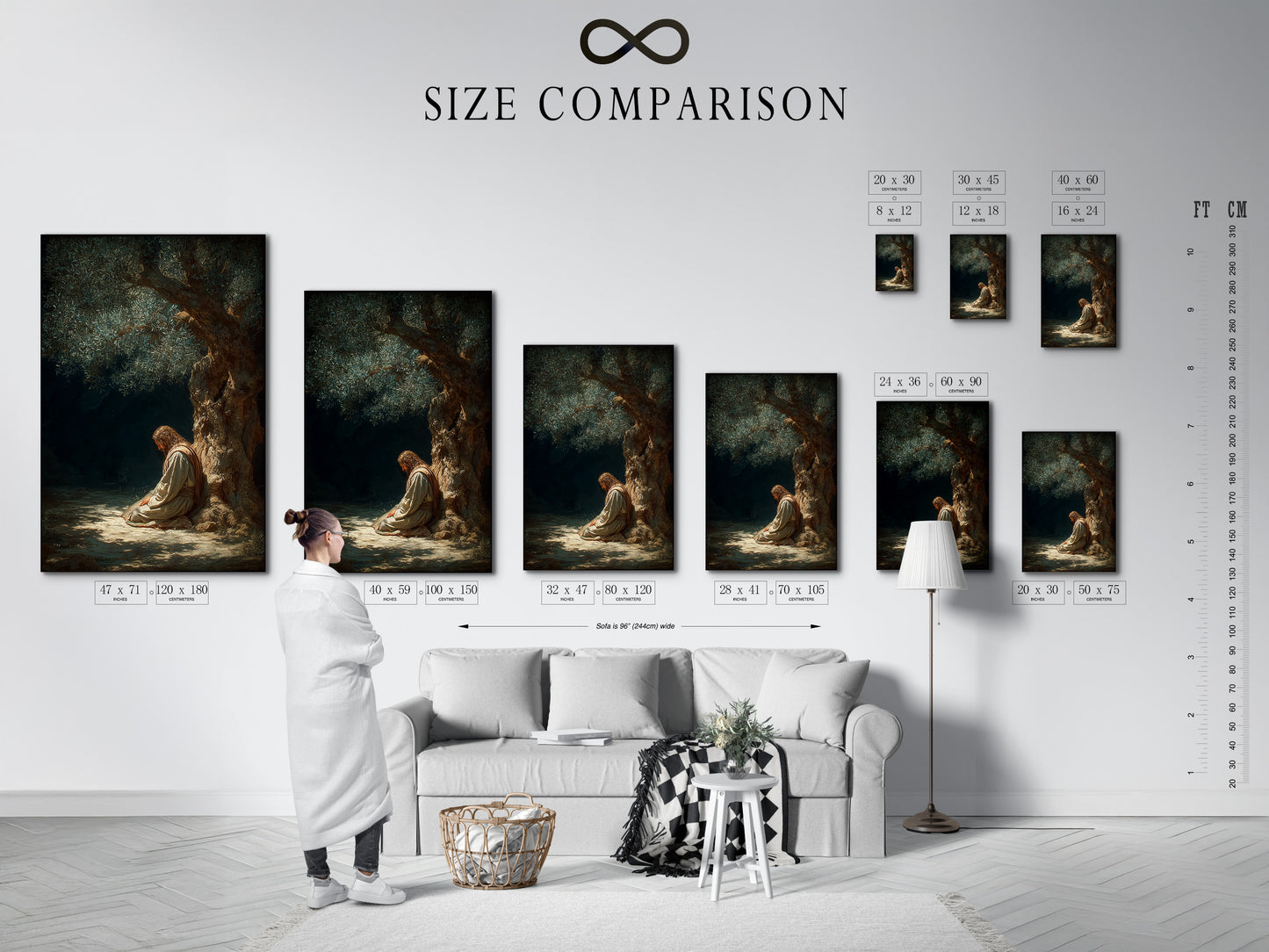 A size comparison chart is displayed in an interior setting. This chart helps visualize the different sizes of artwork. It allows you to choose the perfect size for your space. Find the ideal artwork size for your needs.
