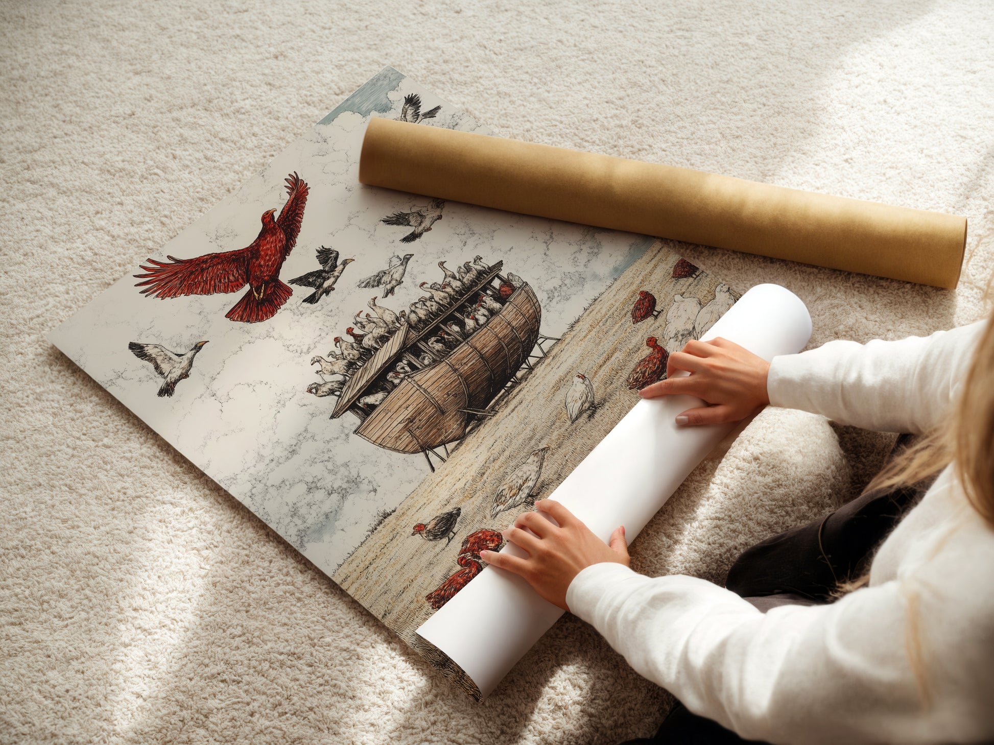 A woman carefully rolling a fine art poster paper. The poster paper is high-quality for exceptional prints. This paper ensures your artwork looks its best. Perfect for creating stunning art pieces.