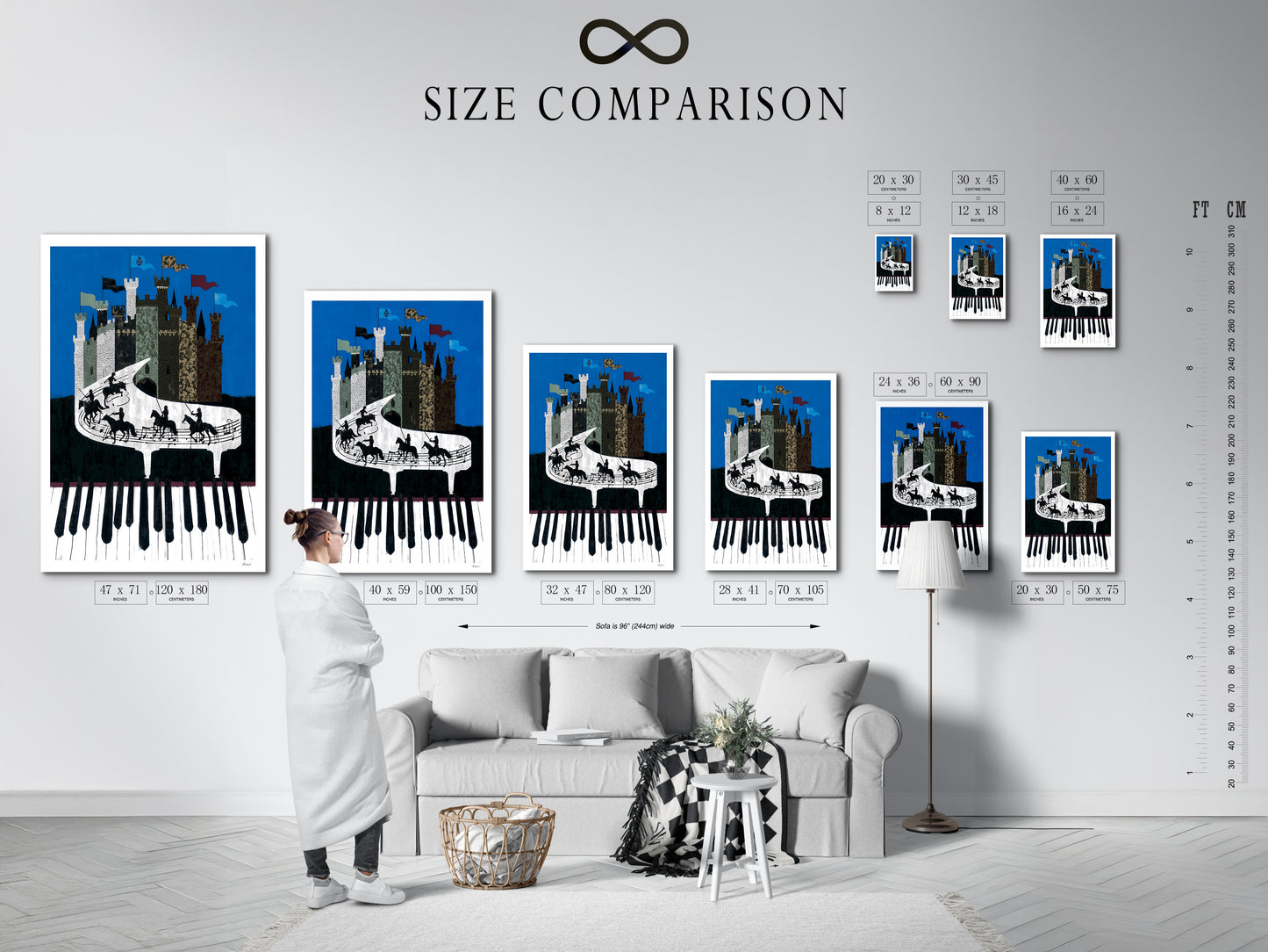 A size comparison chart displayed in an interior setting. The chart showcases various sizes of the Piano Castle artwork. Options include canvas prints and framed posters. Find the perfect size for your music room living room or office.