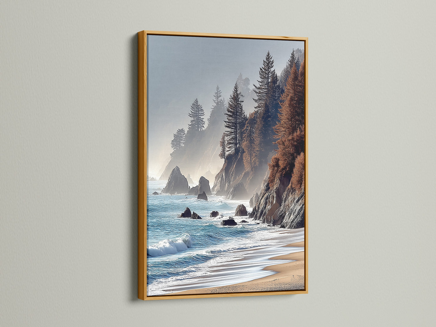 Coastal Scenery Artwork with a Gold Frame. Add a touch of elegance with this gold-framed ocean cliff wall art. This scenic canvas provides a luxurious feel to any room.  Perfect for those seeking elevated modern wall art with a touch of glam