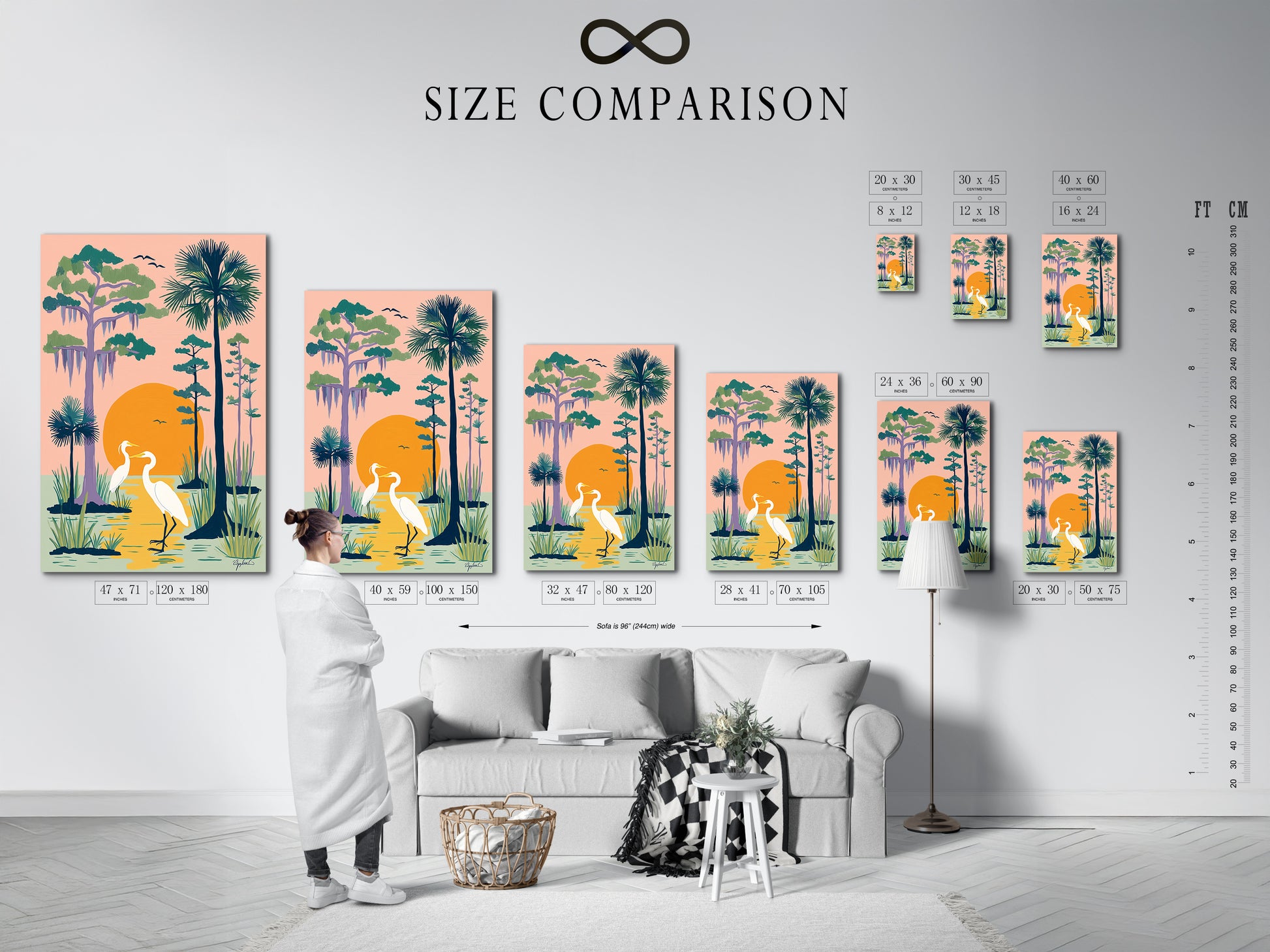 Size comparison chart in an interior setting featuring the heron artwork. Visualize the perfect size for your space. This coastal wall art is available in various sizes. Find the ideal nature art print to complement your living room bedroom or office.