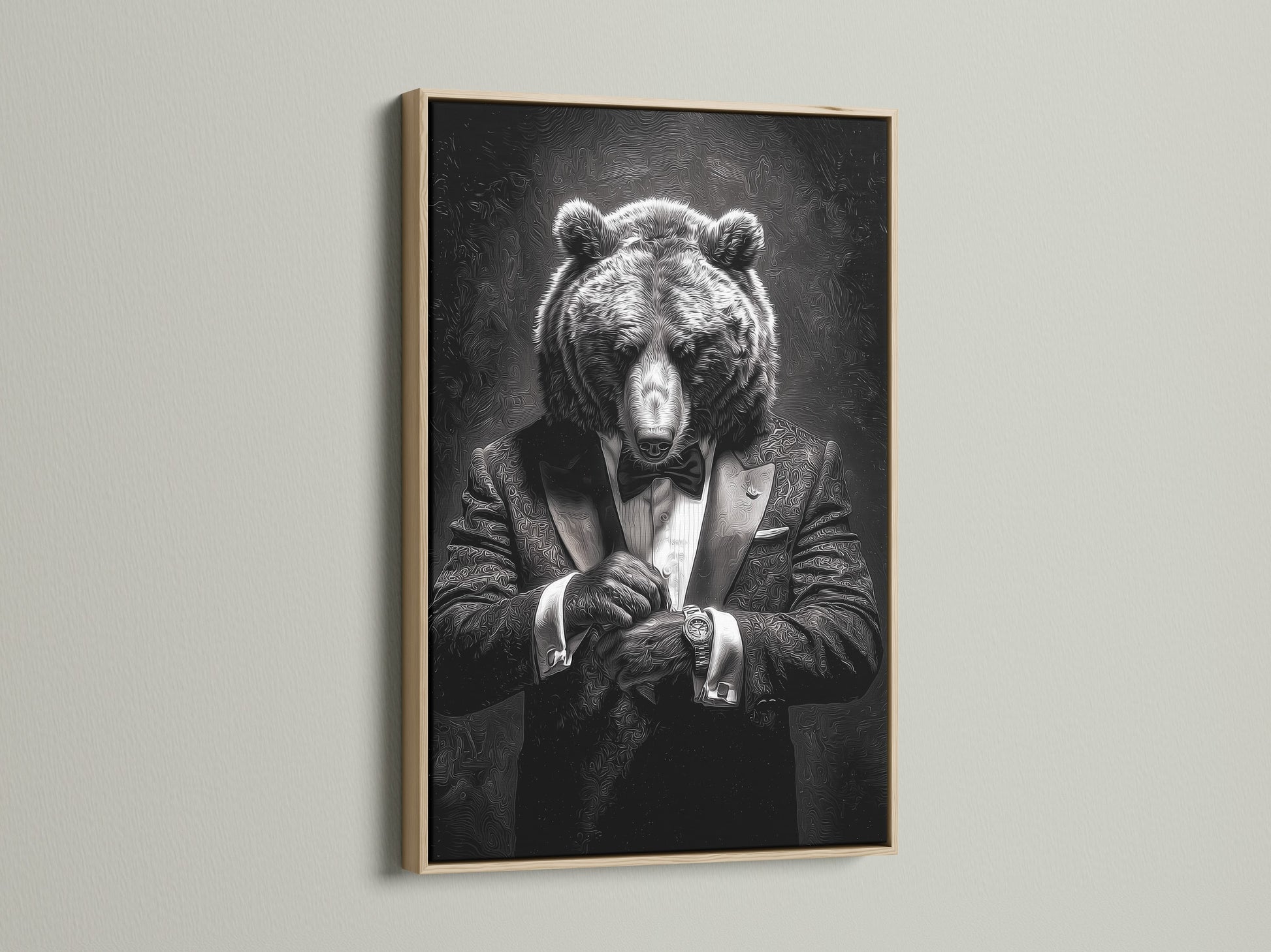 A framed artwork showcasing a bear in a tuxedo is presented in an oak frame. The artwork is elegantly displayed against a neutral wall. The oak frame enhances the art's natural tones. It brings warmth and character to any space. Find the perfect oak framed art to complement your interior aesthetic.