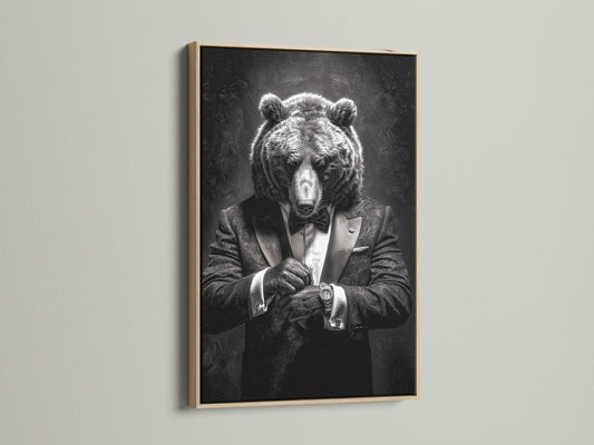 A framed artwork showcasing a bear in a tuxedo is presented in an oak frame. The artwork is elegantly displayed against a neutral wall. The oak frame enhances the art's natural tones. It brings warmth and character to any space. Find the perfect oak framed art to complement your interior aesthetic.