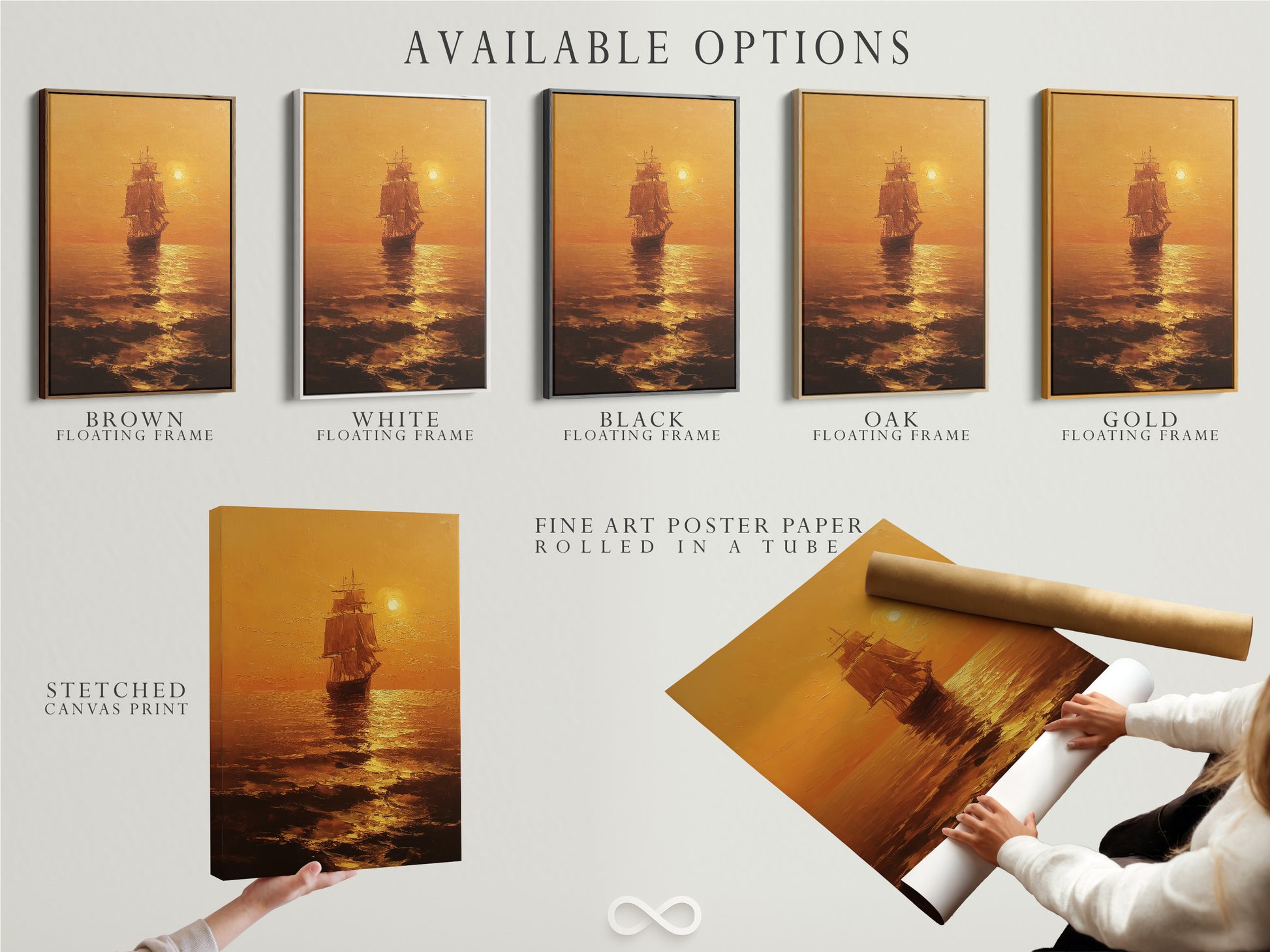 Available options showcase seascape artwork in a variety of formats. Options include stretched canvas print fine art poster and floating frame. Each format offers a unique way to display the artwork. The artwork will suit your personal style and preferences. Explore the possibilities today.