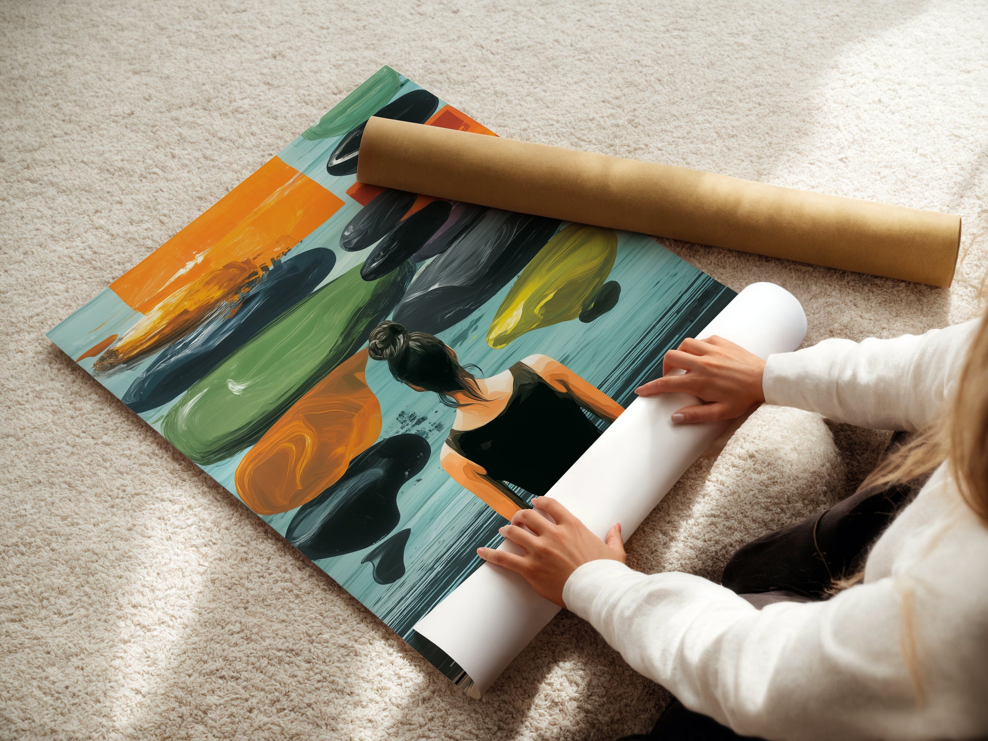 A woman is carefully rolling a fine art poster. The poster features Zen Wall Art. The artwork features a woman meditating. Fine art posters are a great way to add art to your home or studio.