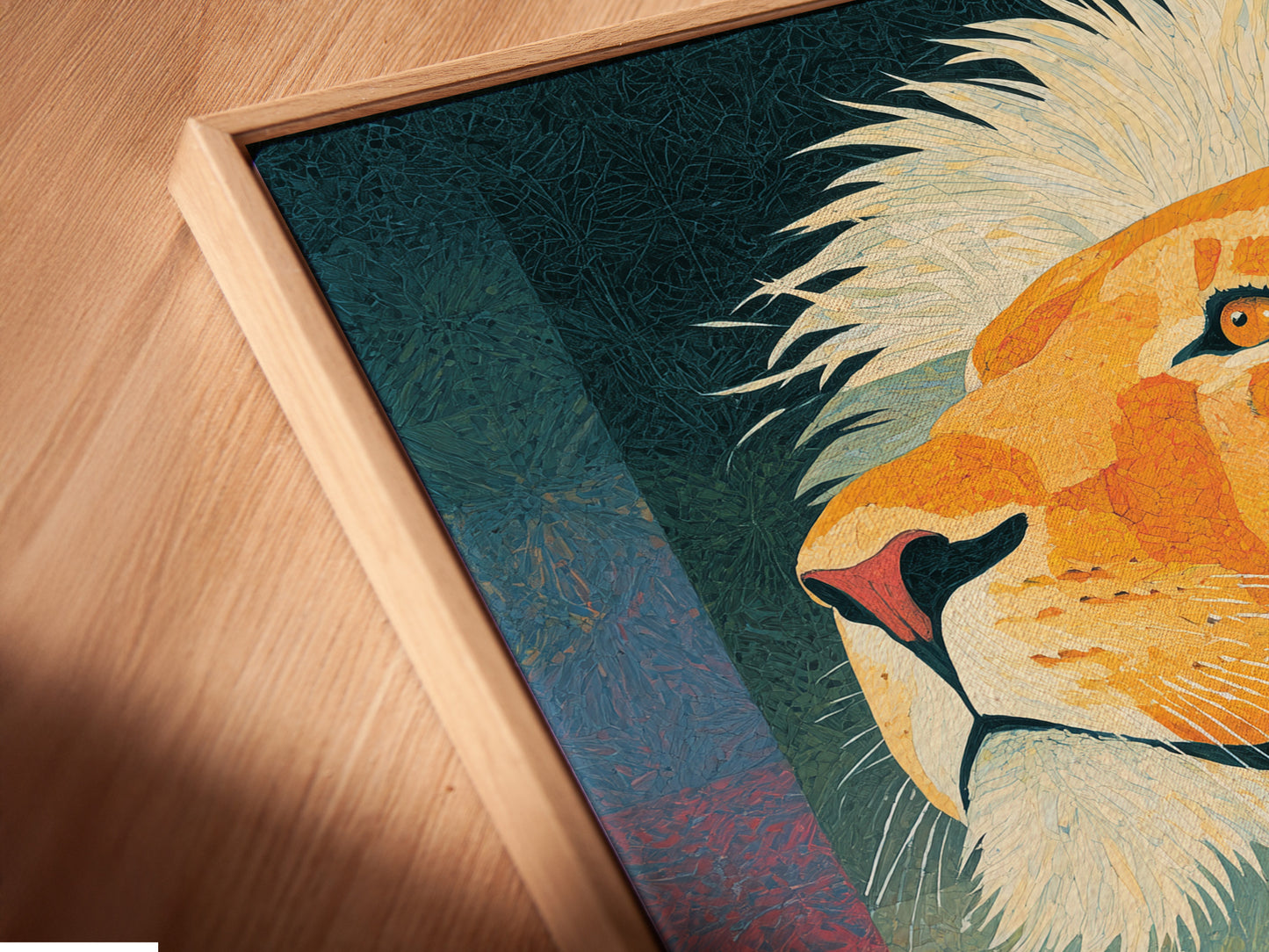 Close-up angled view of a canvas print. The canvas print is displayed in a floating frame. See the modern aesthetic it provides. Discover how a floating frame enhances your canvas art. It gives a gallery-like appearance.