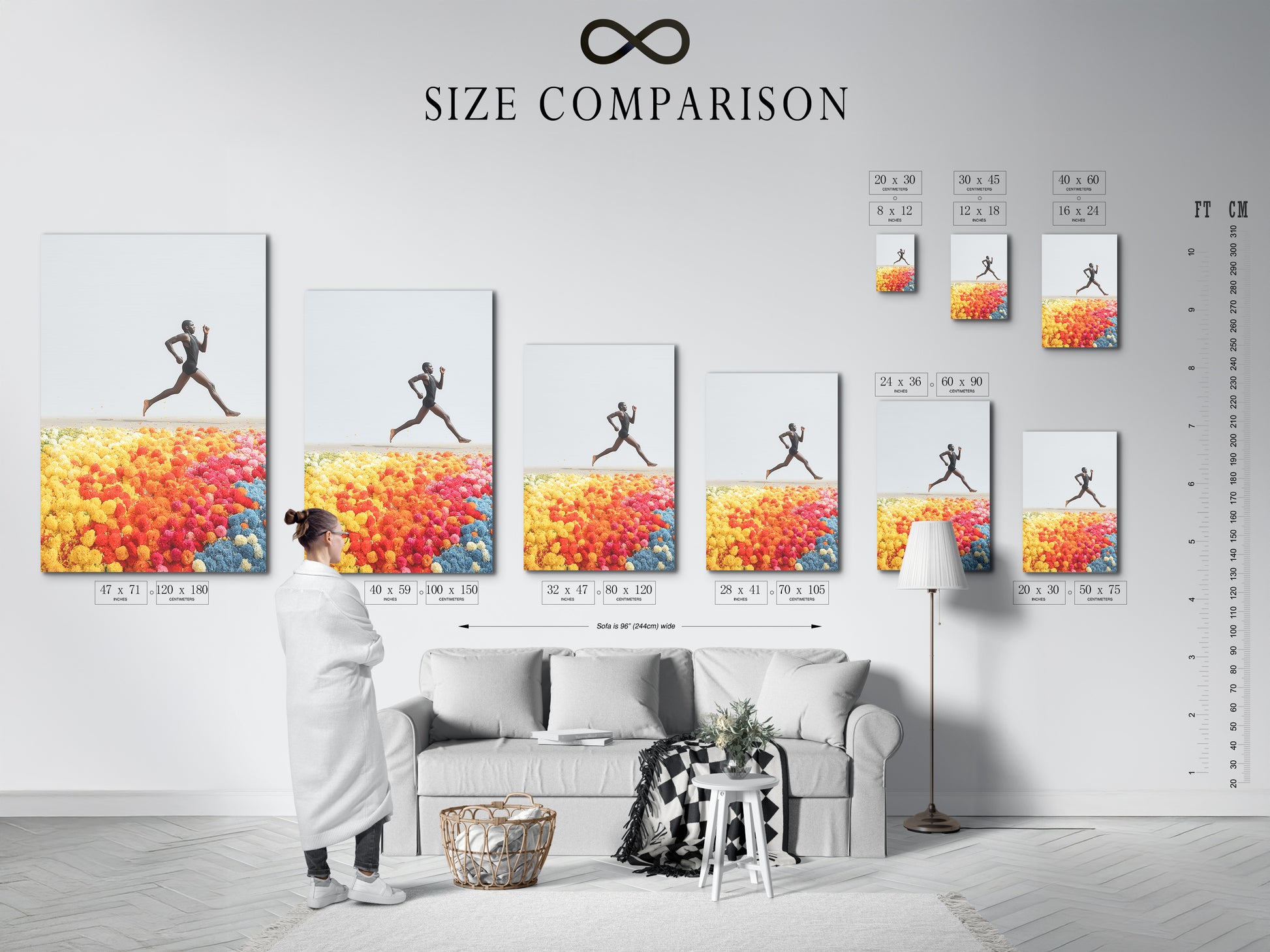 Size comparison chart displayed in an interior setting. Showing how the Runner artwork fits in various spaces. This modern fine art print is perfect for any home or office. Find the ideal size for your needs.