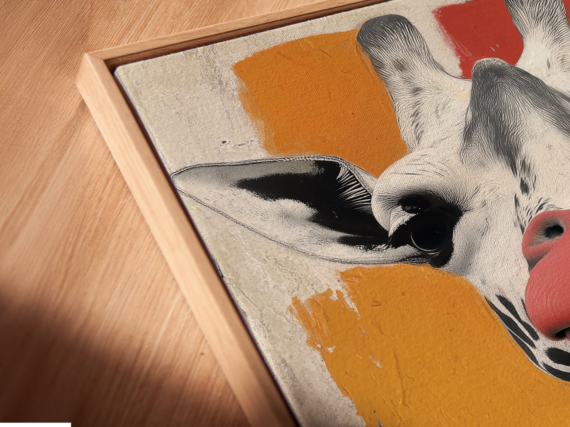 A close-up angled view of the Giraffe Portrait canvas art in a floating frame. The quirky wildlife art has a coral orange background. The modern animal art print adds a playful touch to any room. It is the perfect addition to kids' rooms nurseries or playrooms. It adds humor to wall decor.