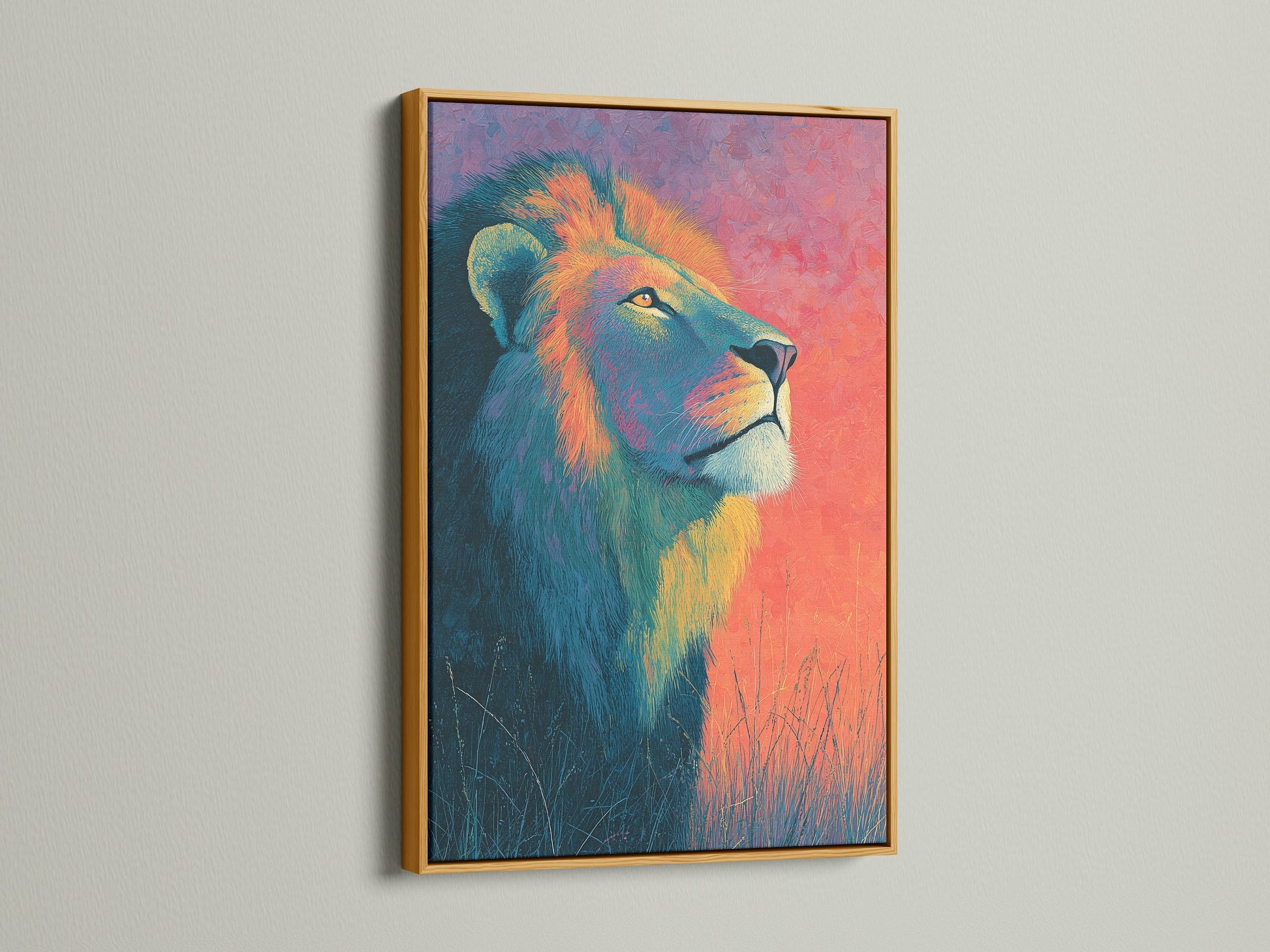 A regal lion artwork is displayed in a gold frame. The gold frame adds a touch of luxury. It enhances the artwork's richness. Choose a gold frame to elevate your art's presentation.