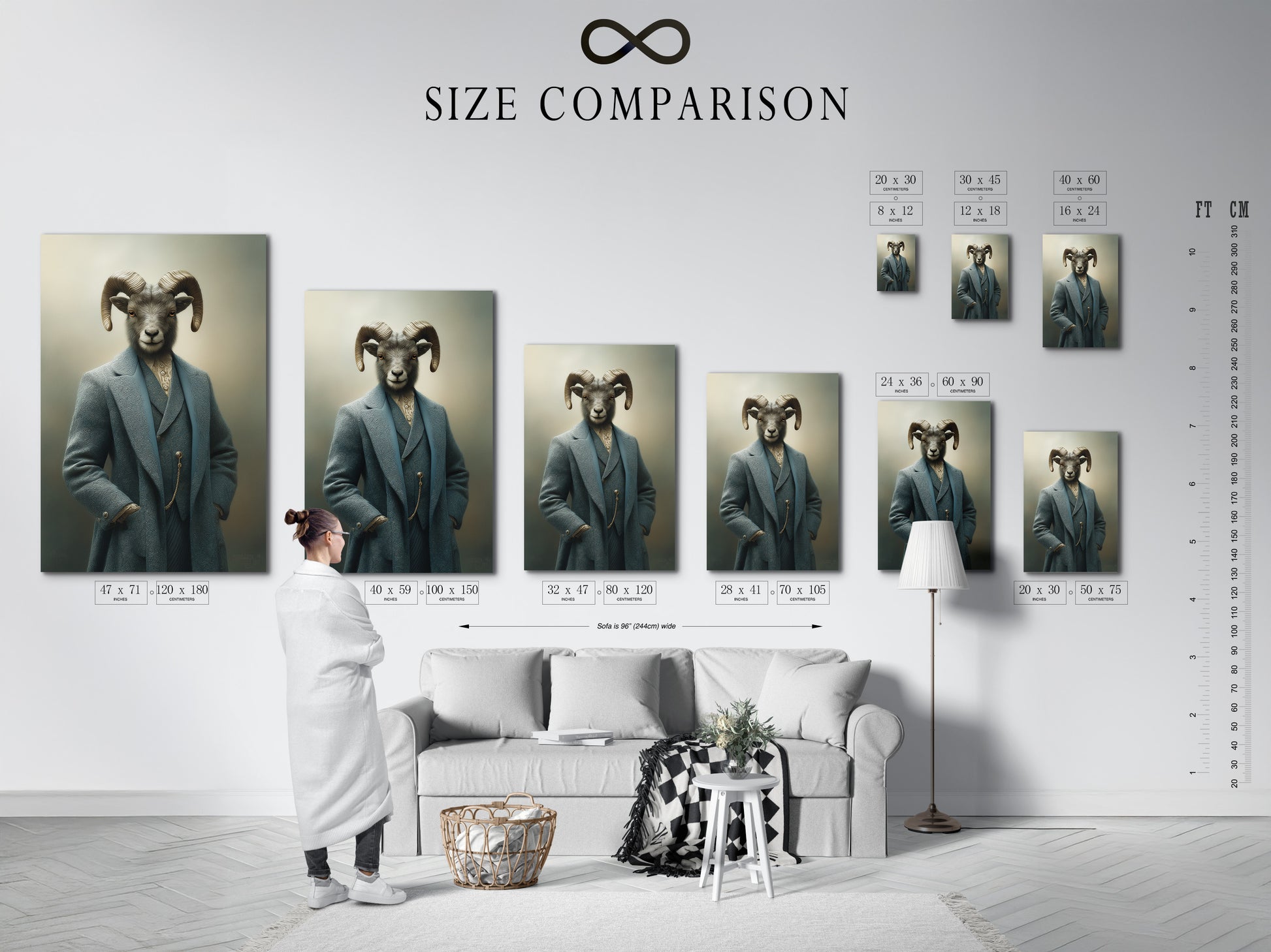 Size comparison chart displayed in an interior setting featuring the Ram Portrait artwork. This chart helps visualize the different sizes available for the artwork. Find the perfect fit for your space. This quirky wall art is perfect for adding a touch of sophistication.