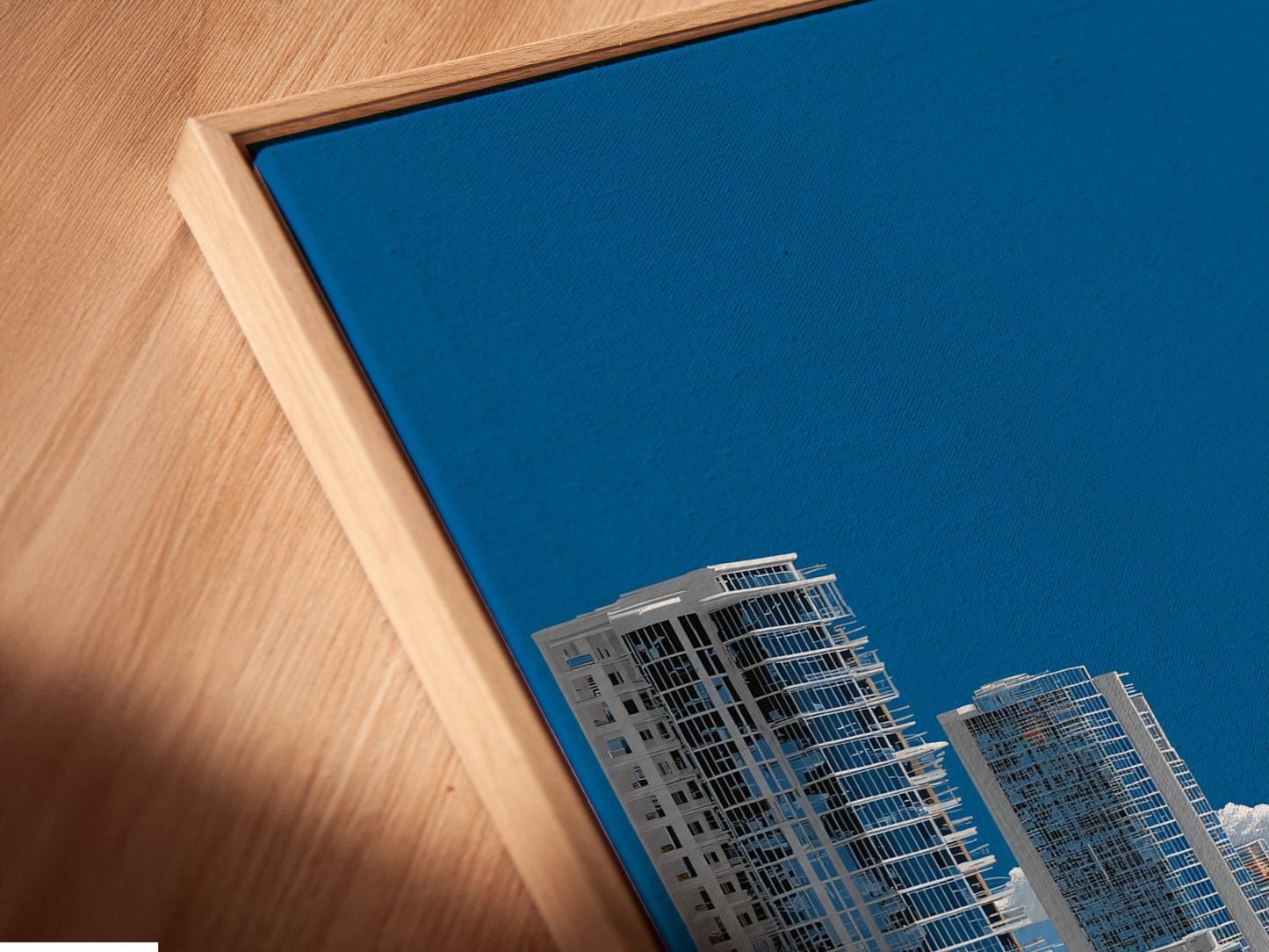 Close-up of a Surreal Frozen City canvas print in a floating frame. The art seems to hover adding a modern touch. Perfect for living rooms vacation homes and offices. Explore this ice age fantasy art.