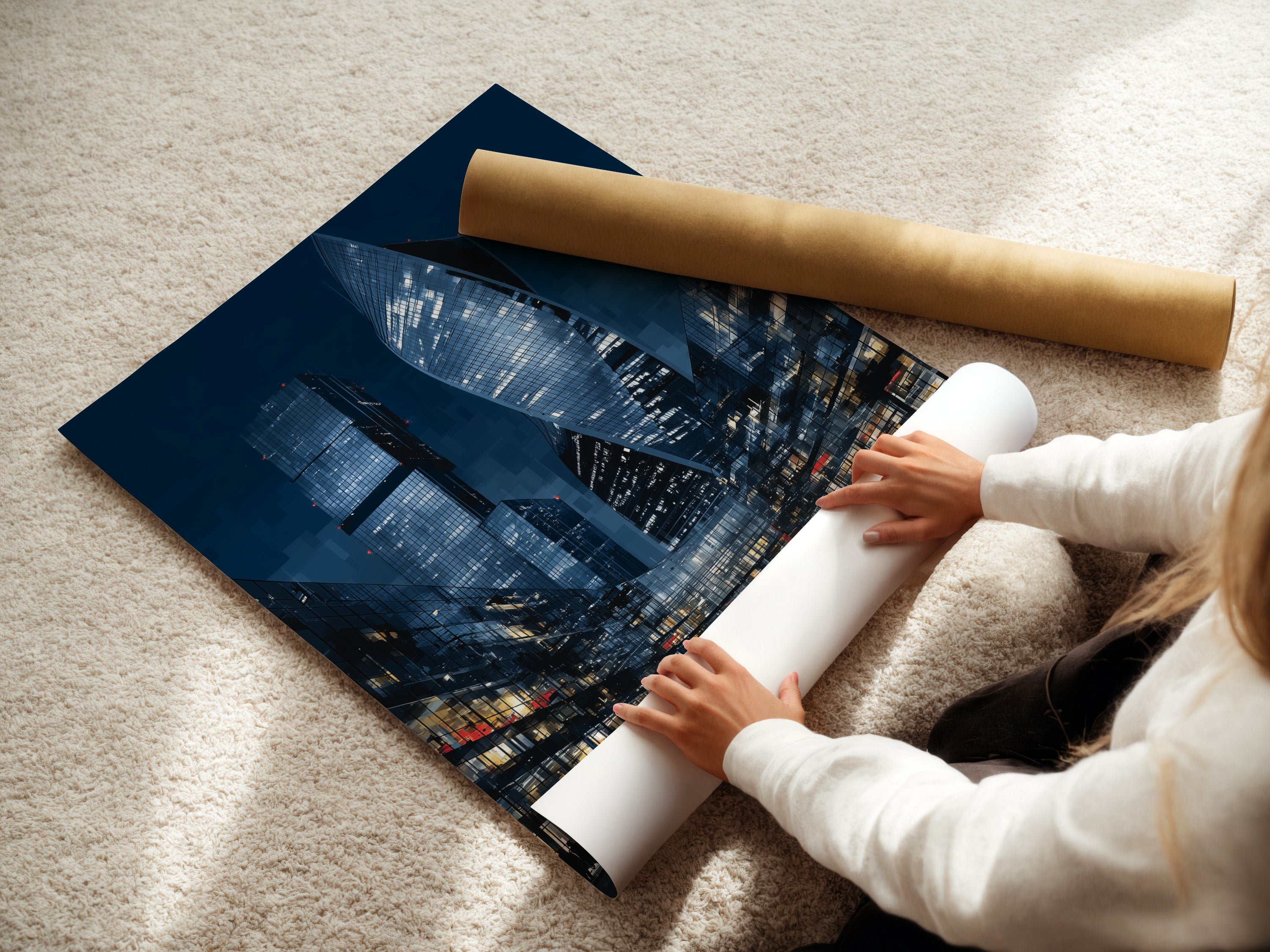A woman is carefully rolling a fine art poster paper. This highlights the attention to detail in handling the modern city artwork. High-quality materials ensure a lasting urban wall art piece. Precision and care define our art prints.