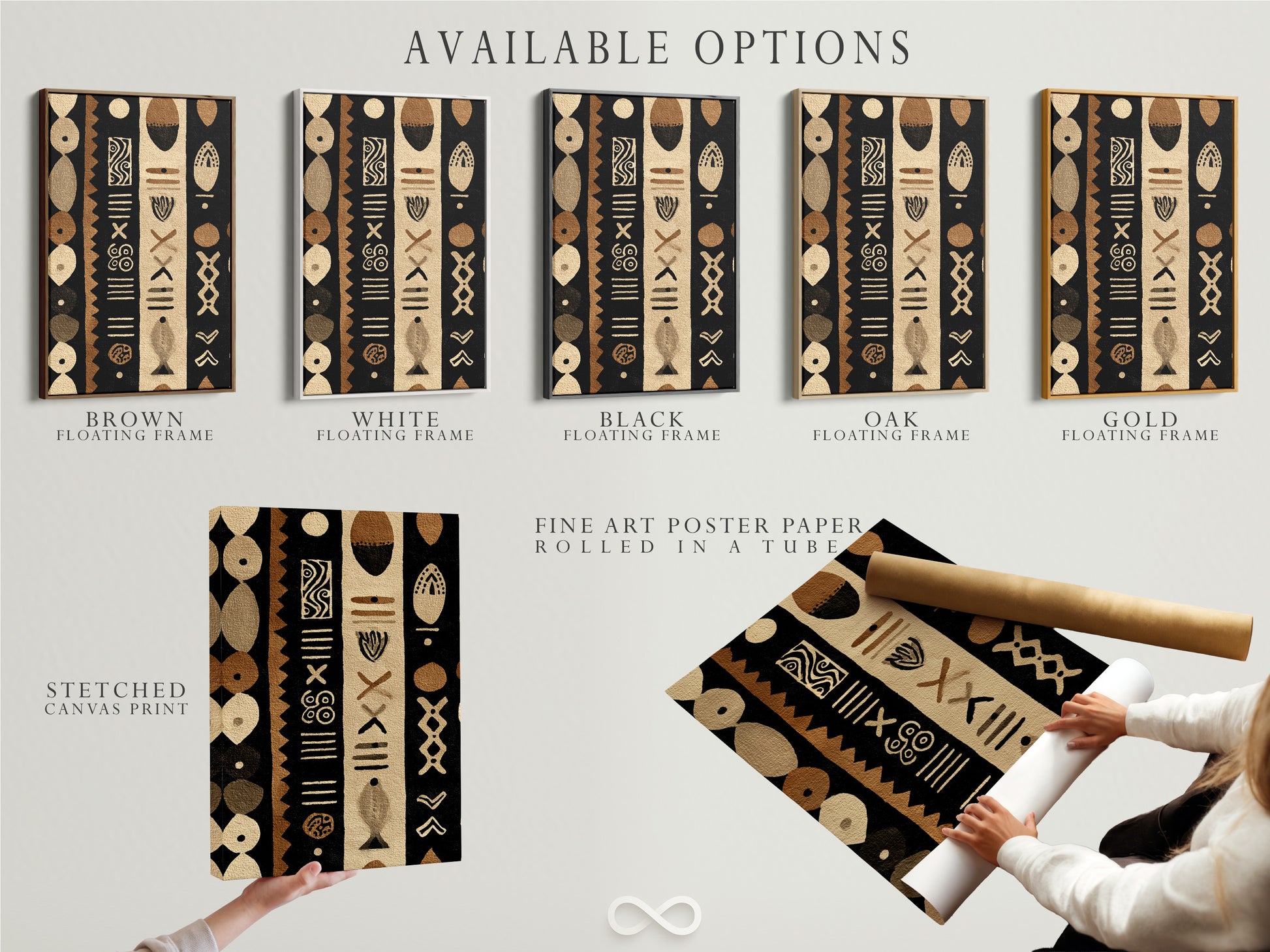 Available options include a stretched canvas print fine art poster paper and a floating frame. These choices allow customers to customize their artwork. Each option offers a unique way to display and enjoy the art.