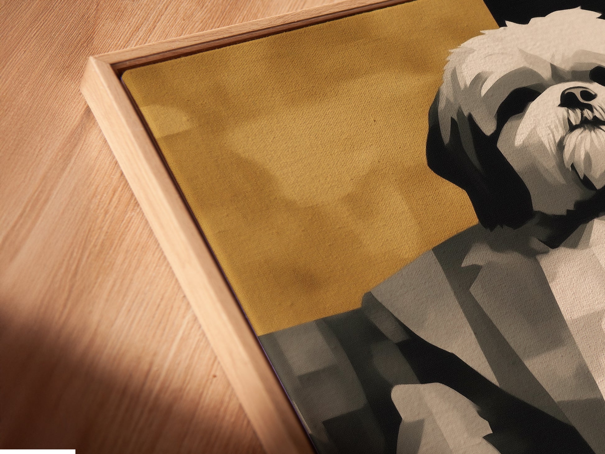Close-up of a canvas print in a floating frame. The Dog Smoking Art Print features a distinguished Shih Tzu. The gentleman pet portrait exudes sophistication. Perfect for adding a quirky touch to your space. This humorous art is a great choice.