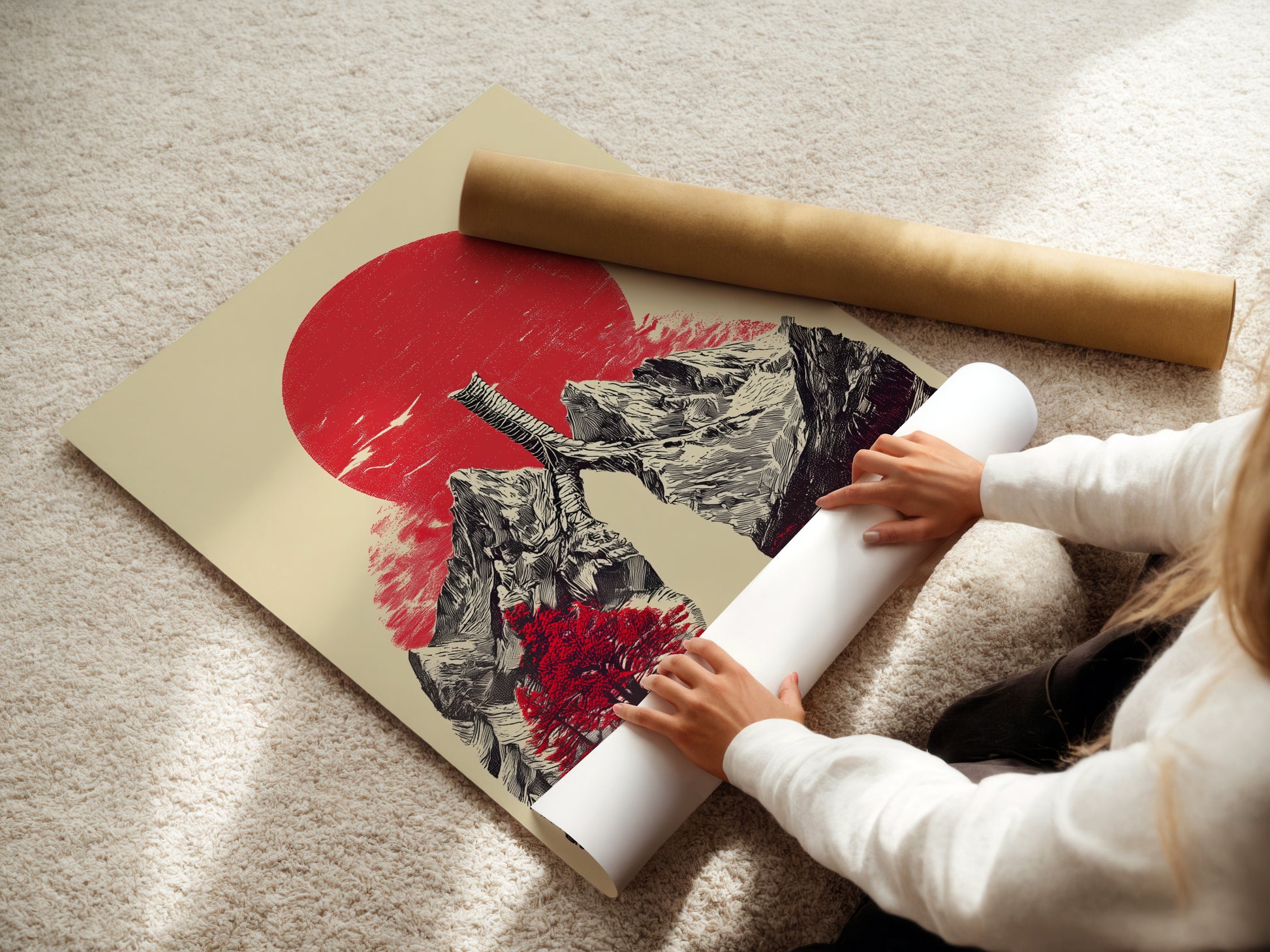 A woman is carefully rolling fine art poster paper. She prepares it for framing or display. The paper is high quality ensuring a perfect art print. Precision and care are key in art handling.