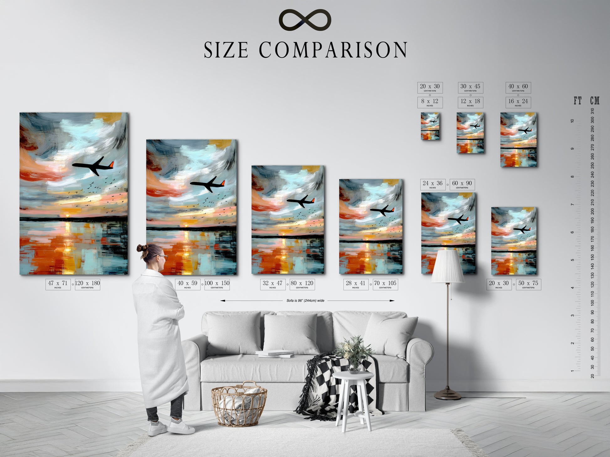 A size comparison chart displayed in a modern interior. The chart shows various sizes of airplane art. Visualize the perfect fit for your space. Abstract aviation wall art for any room. Find the ideal size for your sunset reflection artwork.