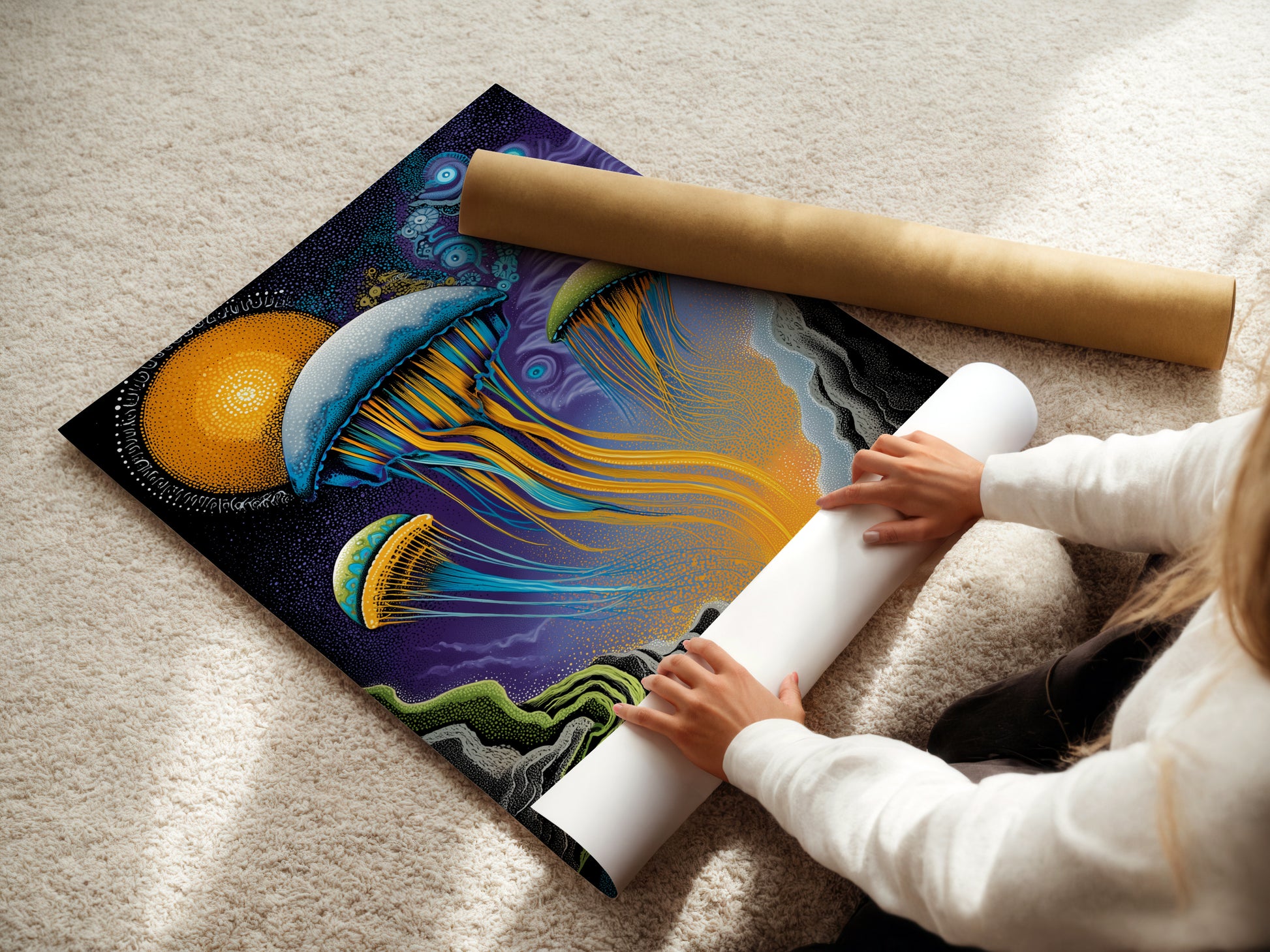 A woman carefully rolls a fine art poster paper. She prepares the jellyfish artwork for display. This psychedelic sea poster is ready to enhance your wall decor. Perfect for homeowners and renters seeking modern art. Add a touch of the ocean to your living space. The blue and gold tones create a calming atmosphere with marine artwork.