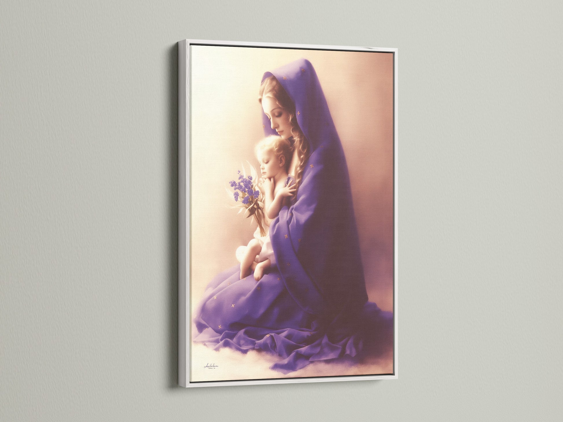 Purple religious wall art featuring Mother and Child in a white frame. Ideal for nursery decor or a prayer room. This Madonna baby print brings spiritual love to your home. It is a serene and sacred art piece.