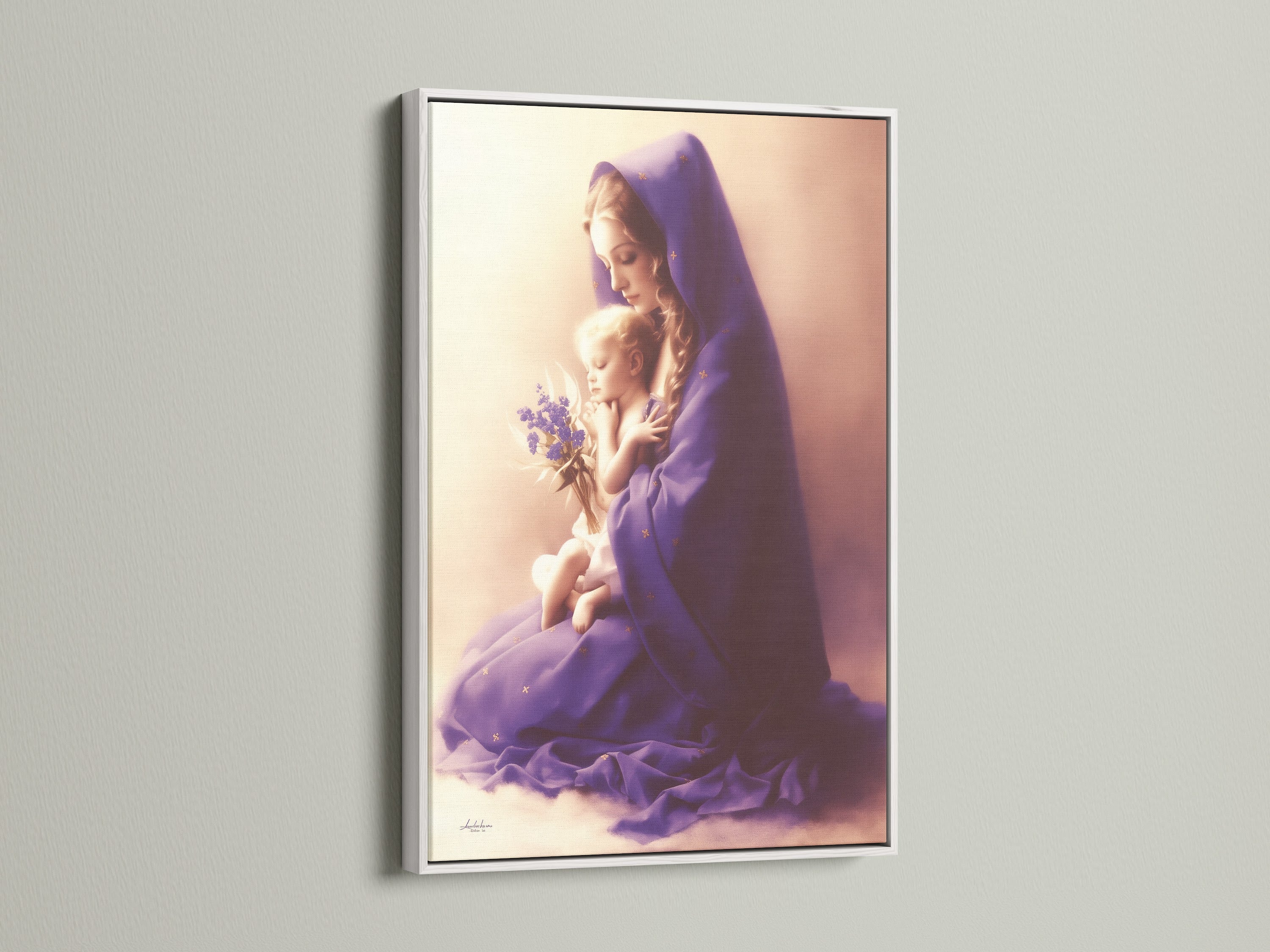 Purple religious wall art featuring Mother and Child in a white frame. Ideal for nursery decor or a prayer room. This Madonna baby print brings spiritual love to your home. It is a serene and sacred art piece.