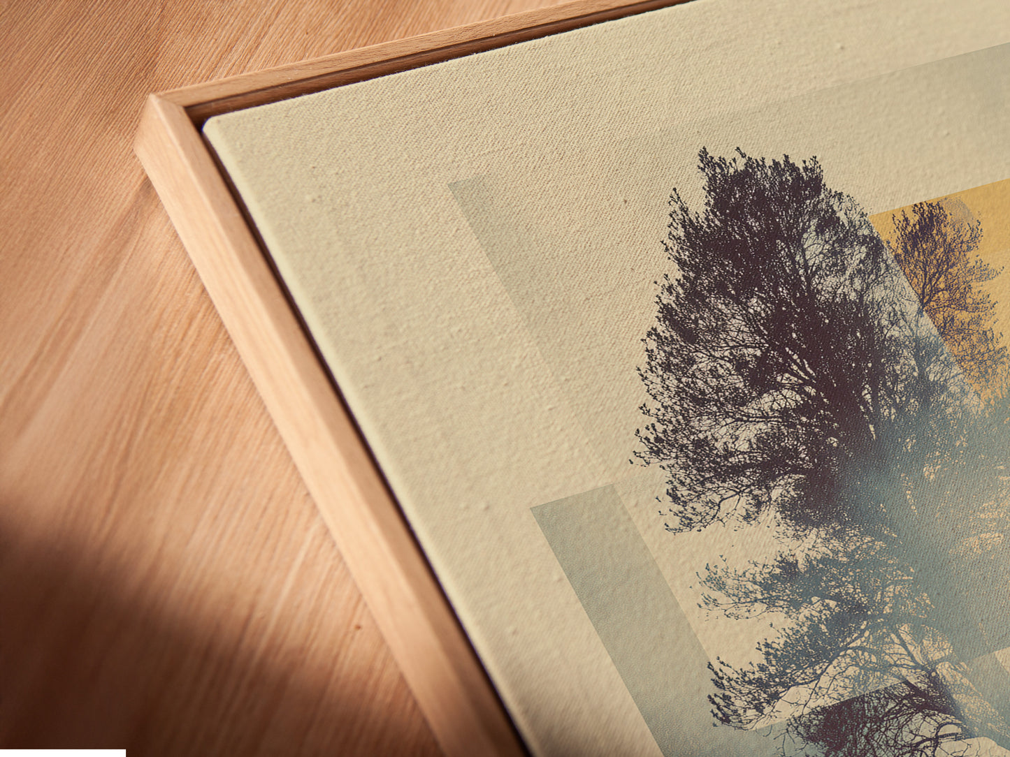 Angled close-up of a canvas print in a floating frame. The floating frame gives the illusion that the artwork is suspended. This enhances the artwork. The print appears to float freely within the frame. This creates a modern and sophisticated display. Perfect for showcasing your favorite pieces. The floating frame adds depth and dimension to the artwork.