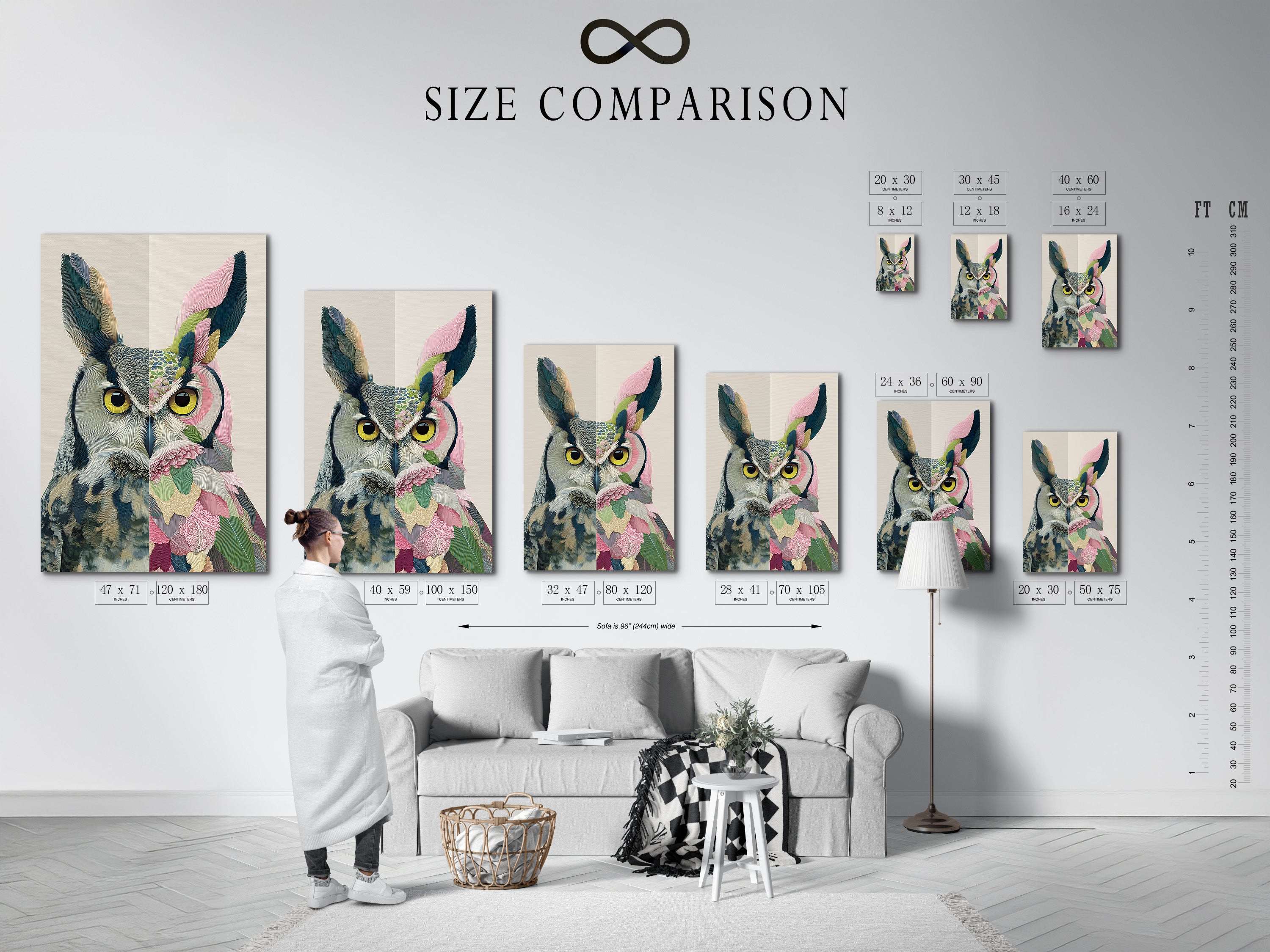 Size comparison chart in an interior setting. See how the colorful owl artwork fits in different spaces. Perfect for planning your wall decor. Visualize the impact of this whimsical bird art.