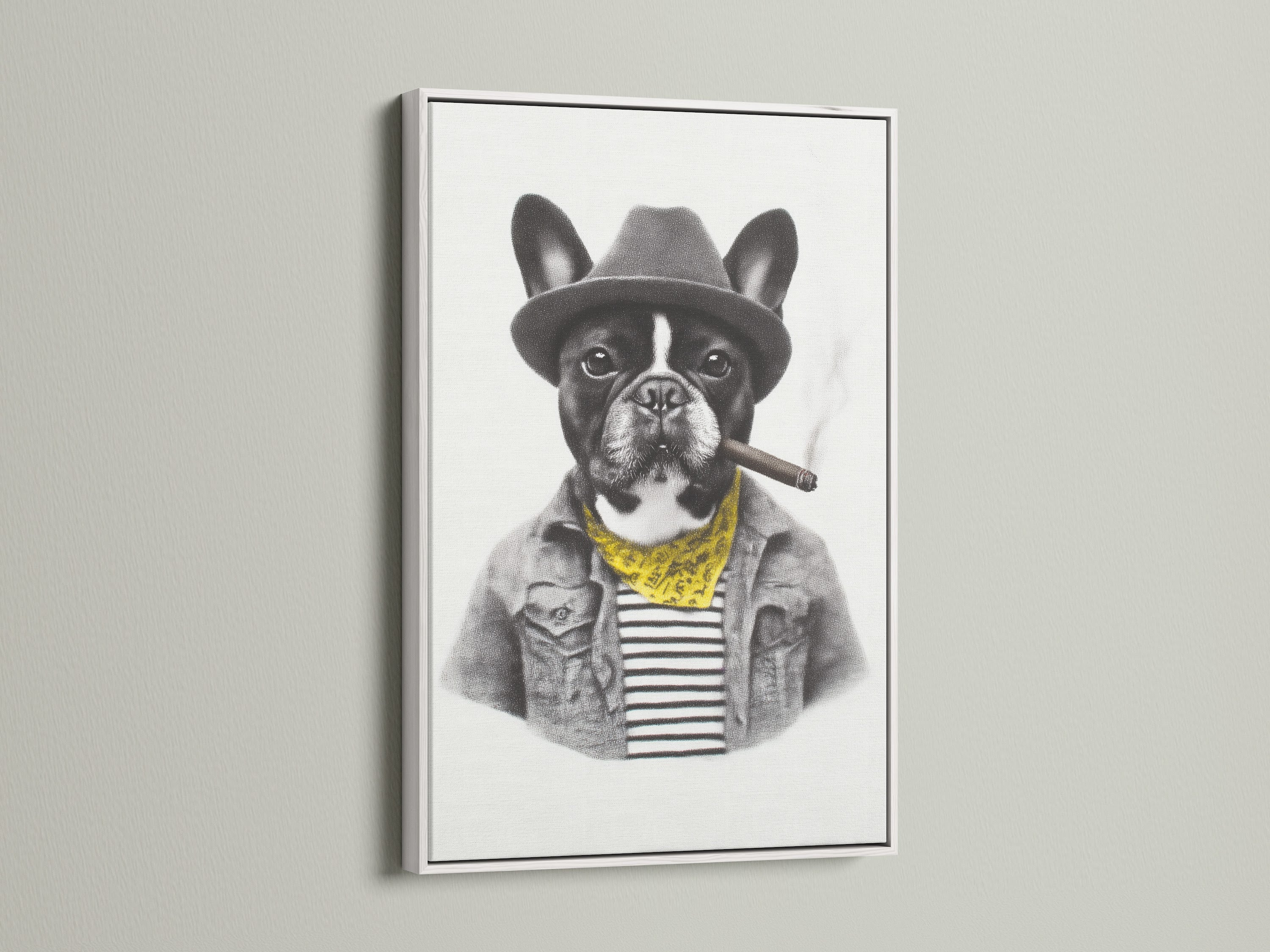 See the French Bulldog art in a white frame. The white frame offers a clean modern look. This contrasts with the vintage animal art. Ideal for adding a touch of humor to your home or office. A great gift for frenchie artwork enthusiasts.