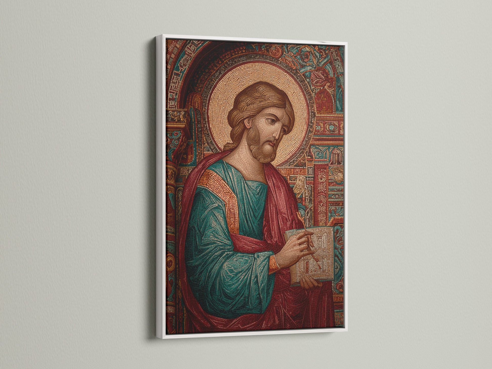 Artwork displayed in a white frame on a white wall. The artwork features a mosaic-style depiction of a religious figure. The white frame offers a clean modern look. Transform your space today