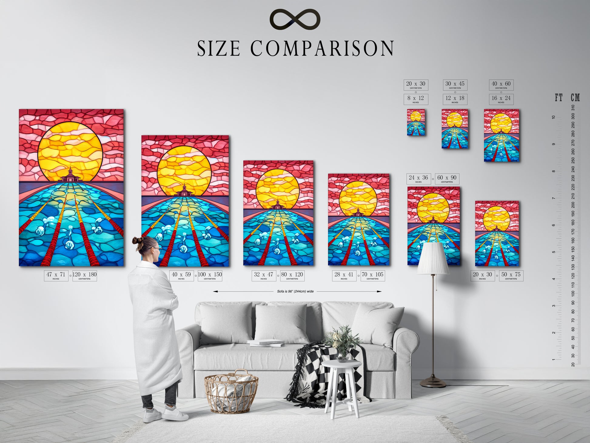 Size comparison chart of Stained Glass Ocean Artwork in an interior setting. See how this underwater art fits in any room. This mosaic wall art enhances your space. It is available in multiple sizes.