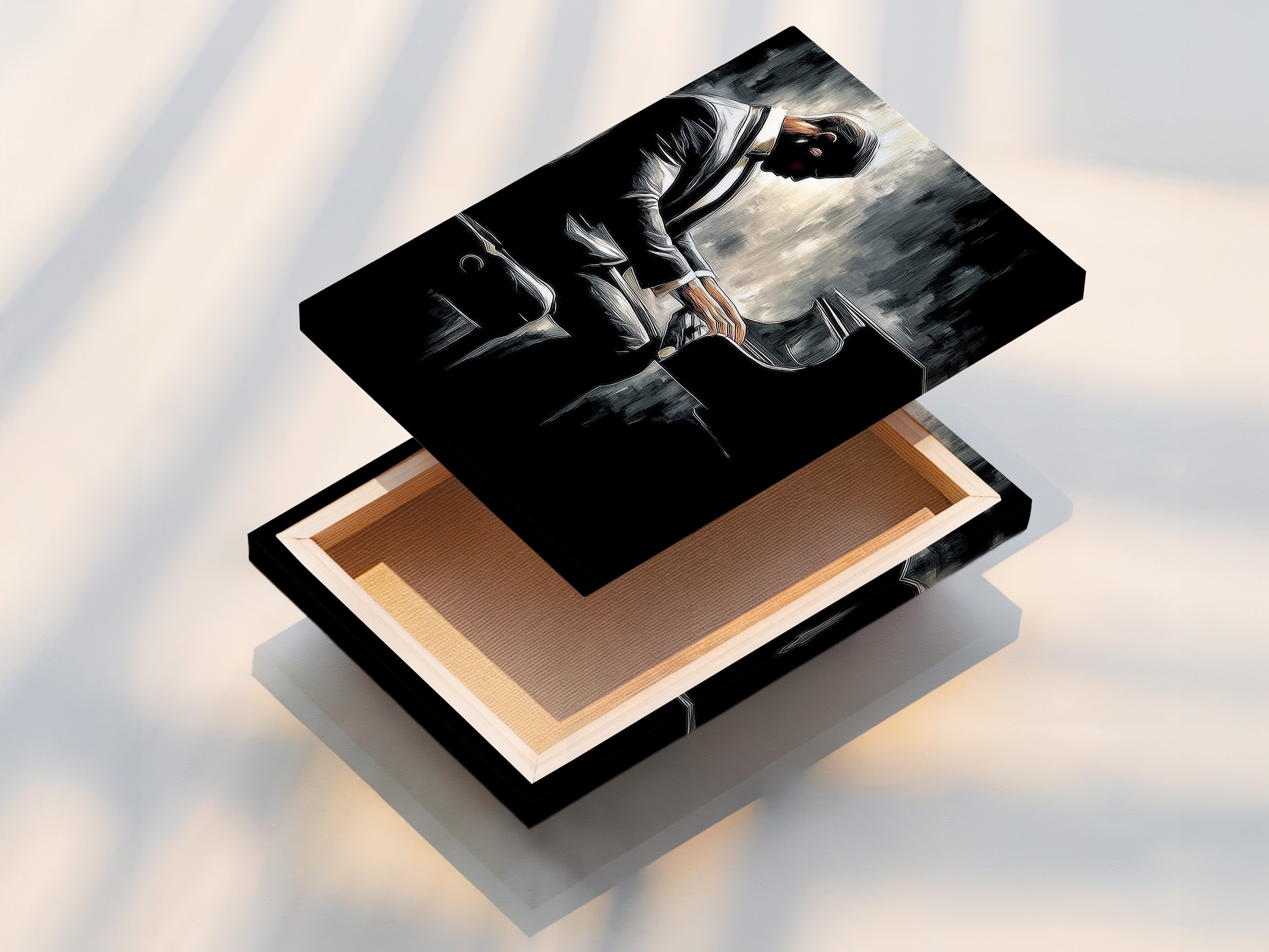 A stretched canvas print is displayed. The piano canvas transforms living spaces. This contemporary artwork adds elegance. The art is ideal for interior designers. The musician canvas elevates any space.