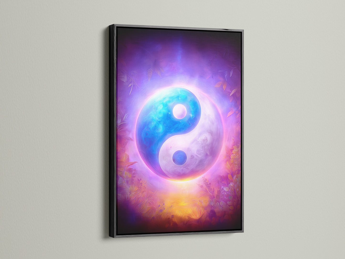 The Yin Yang art is presented in a sleek black frame. The cosmic purple and blue colors create a spiritual focal point. This zen decor brings balance to any room. Perfect for yoga studios or contemporary living spaces. A striking artwork choice.