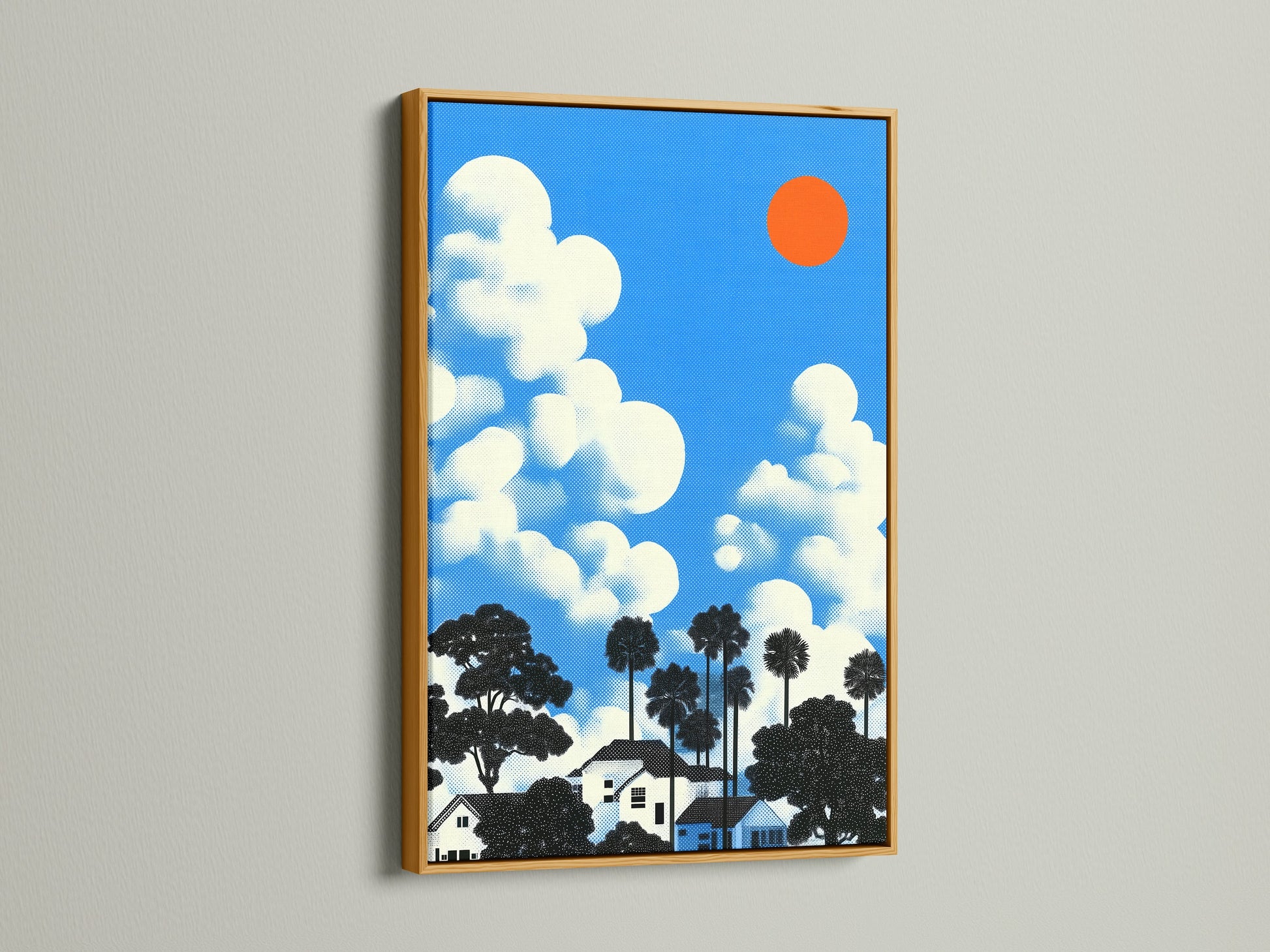 The house and clouds artwork is displayed with a gold frame. The gold frame adds a touch of elegance and sophistication. This vibrant art print is a great addition to any home.
