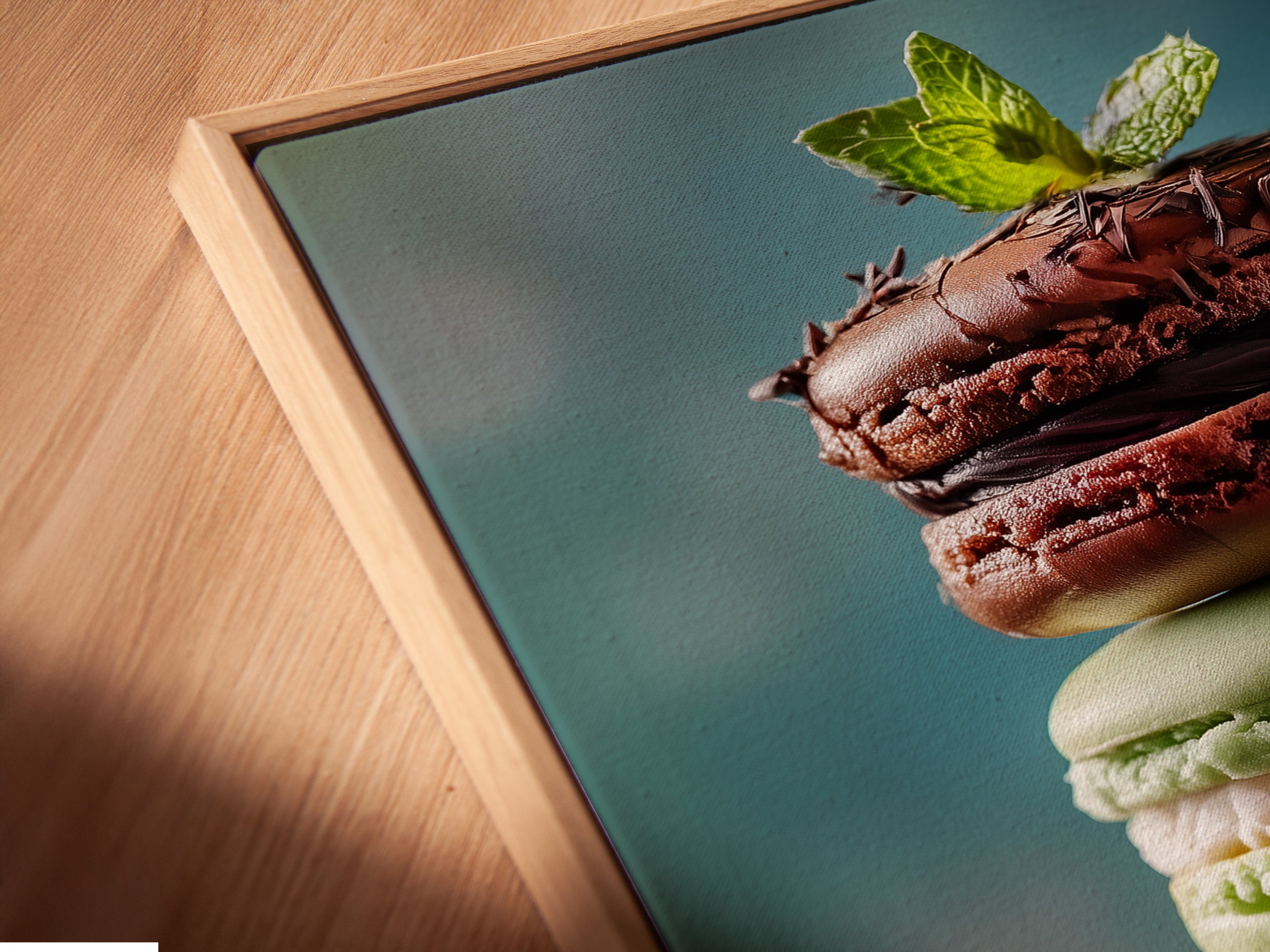 A close-up angle showcases a canvas print of macarons in a floating frame. The floating frame gives the artwork a modern and sophisticated look. The artwork appears to float within the frame. Elevate your art with a floating frame.